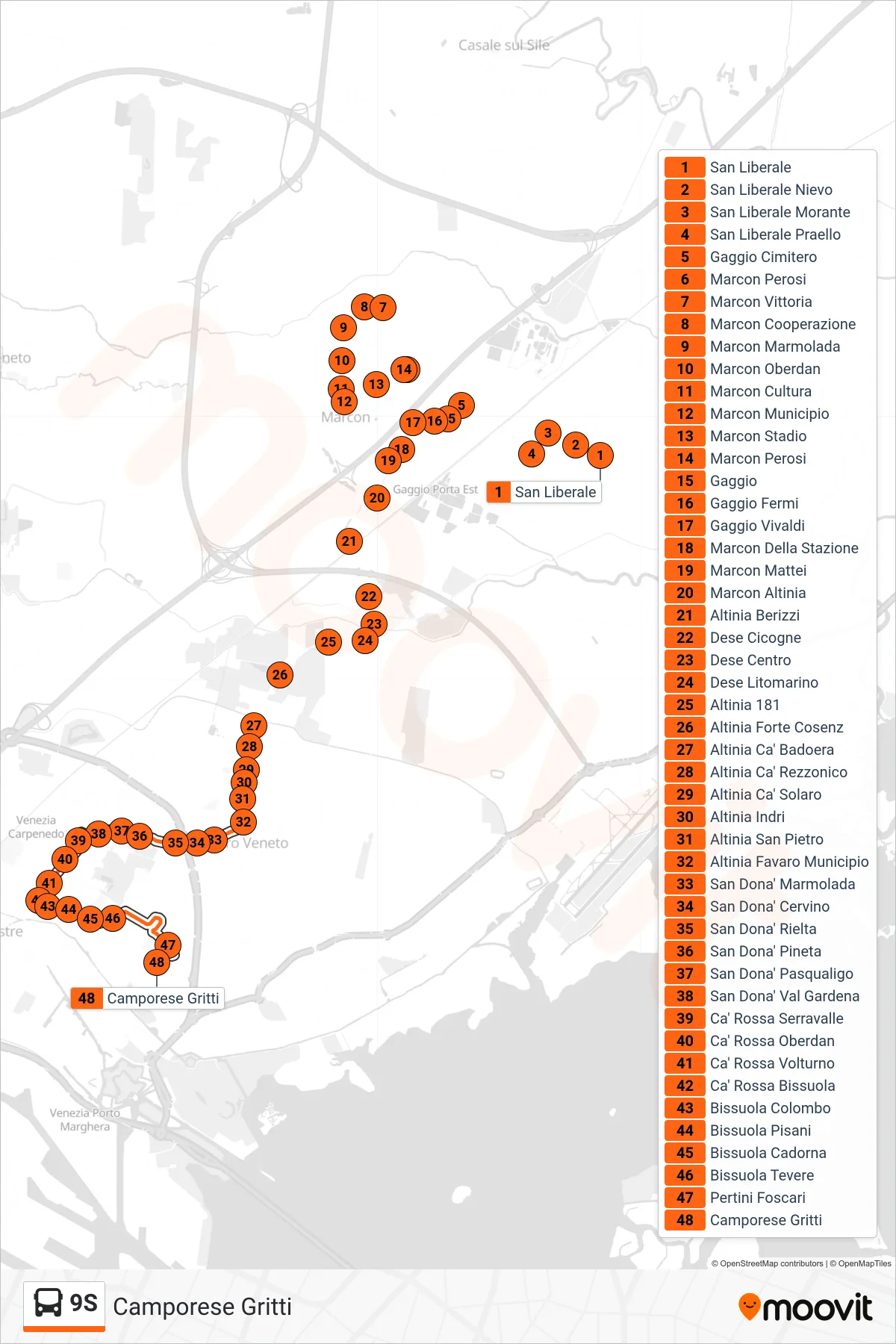 Linea 9S bus (Camporese Gritti) - Percorsi e fermate sulla mappa