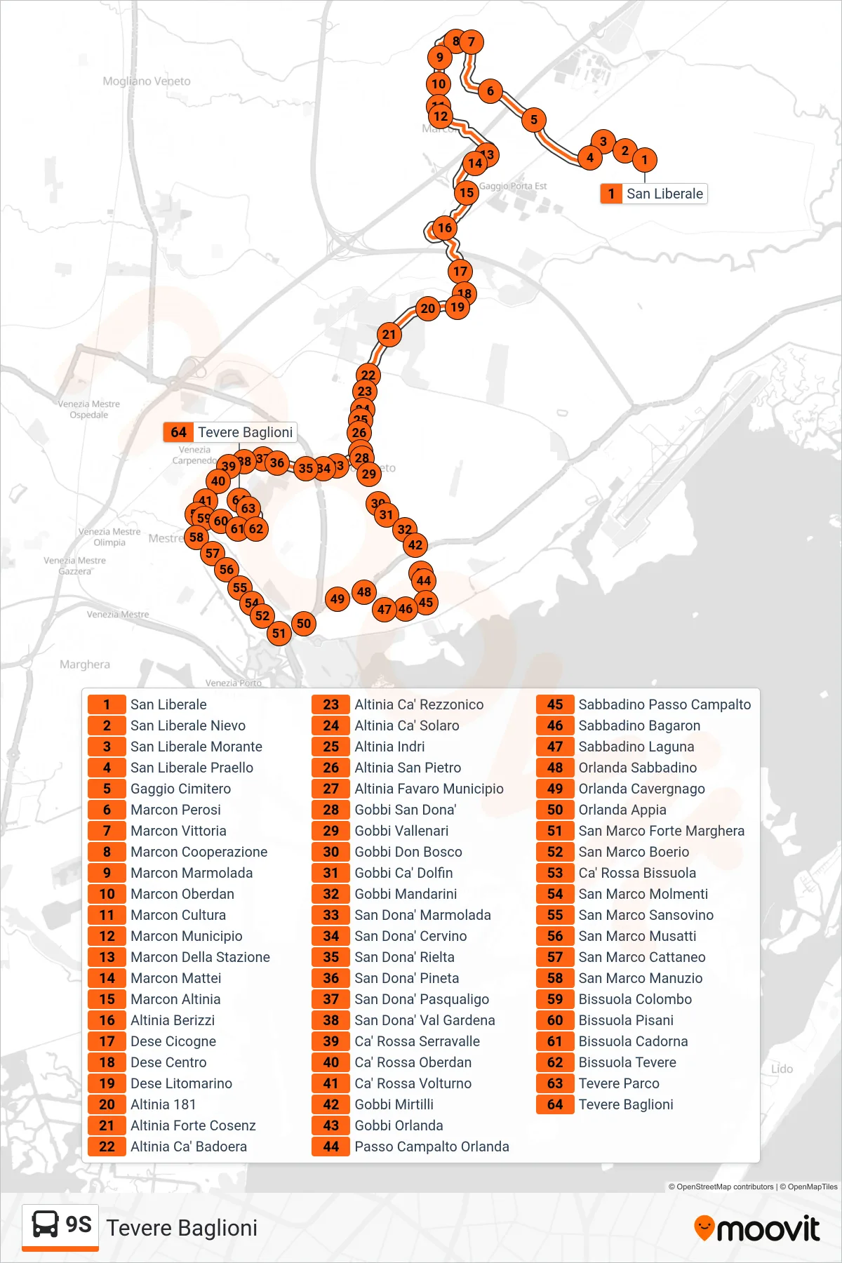 Linea 9S bus (Tevere Baglioni) - Percorsi e fermate sulla mappa