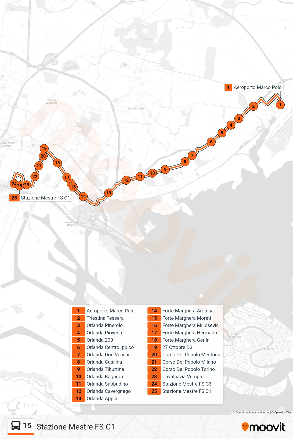 Linea 15  bus (Stazione Mestre FS C1) - Percorsi e fermate sulla mappa