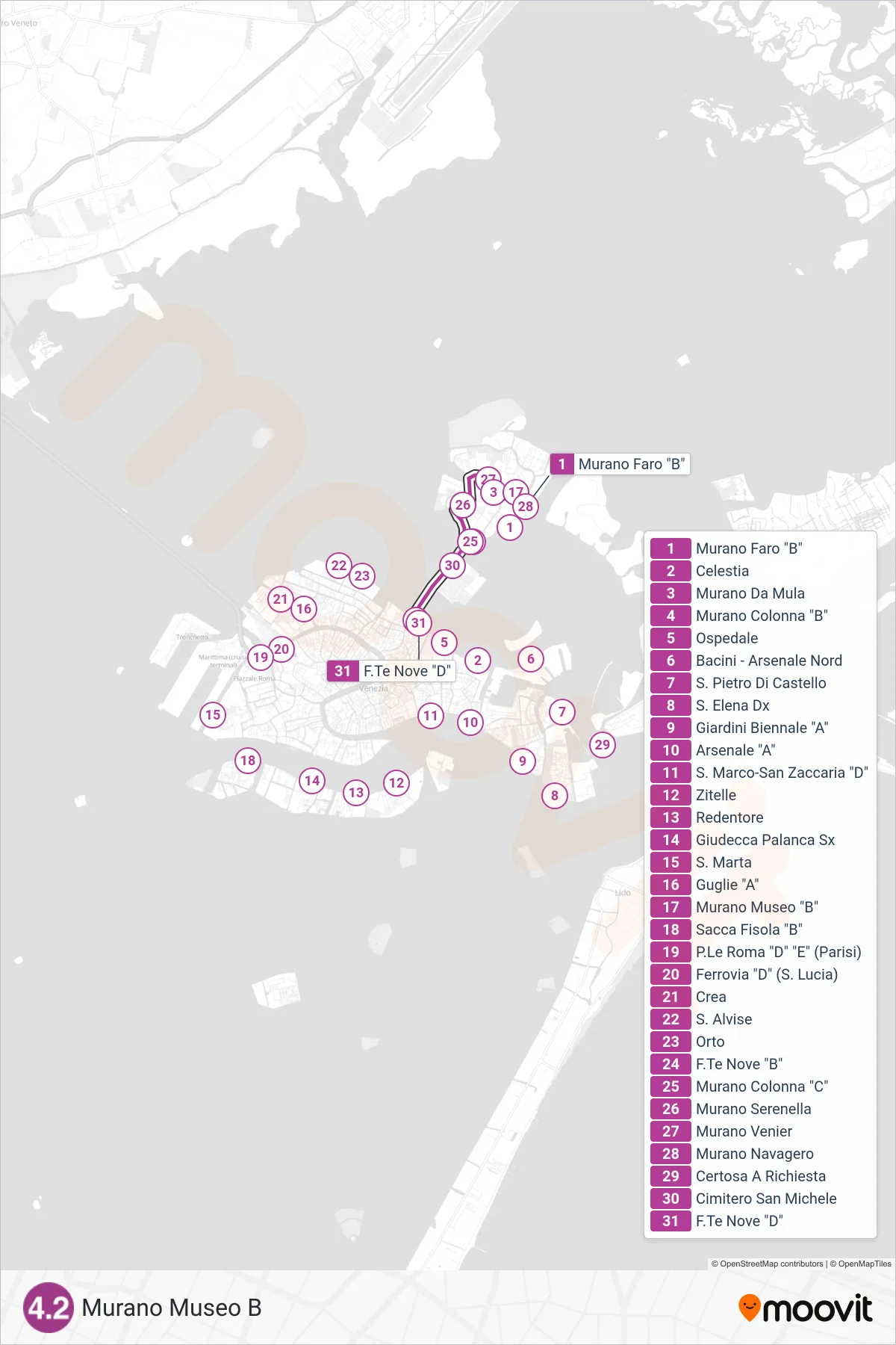 Linea 4.2 navigazione (Murano Museo B) - Percorsi e fermate sulla mappa