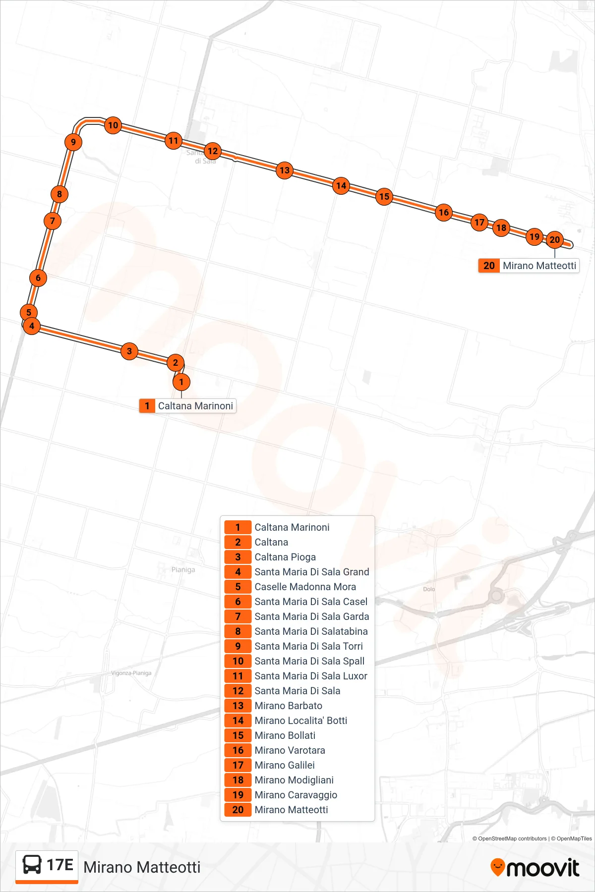 Linea 17E bus (Mirano Matteotti) - Percorsi e fermate sulla mappa