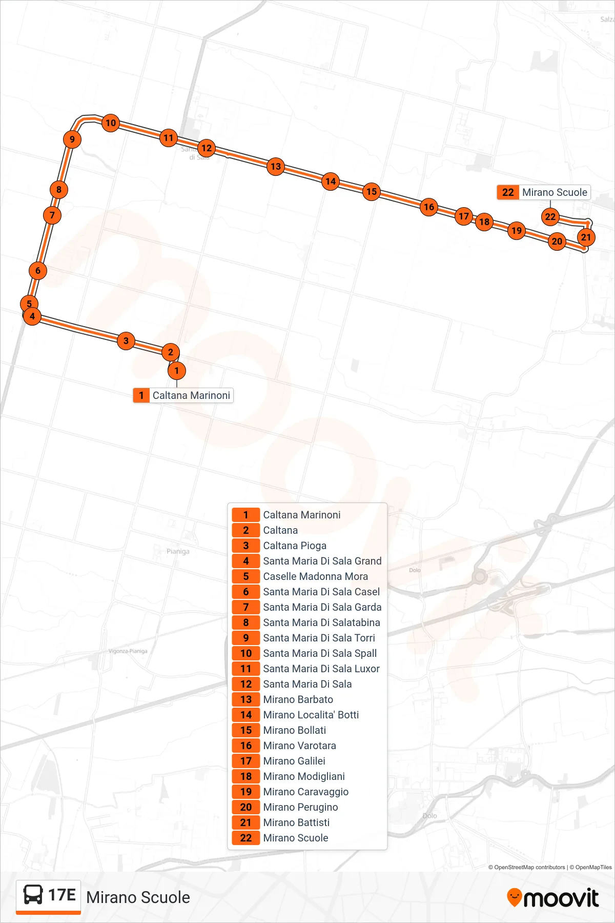 Linea 17E bus (Mirano Scuole) - Percorsi e fermate sulla mappa