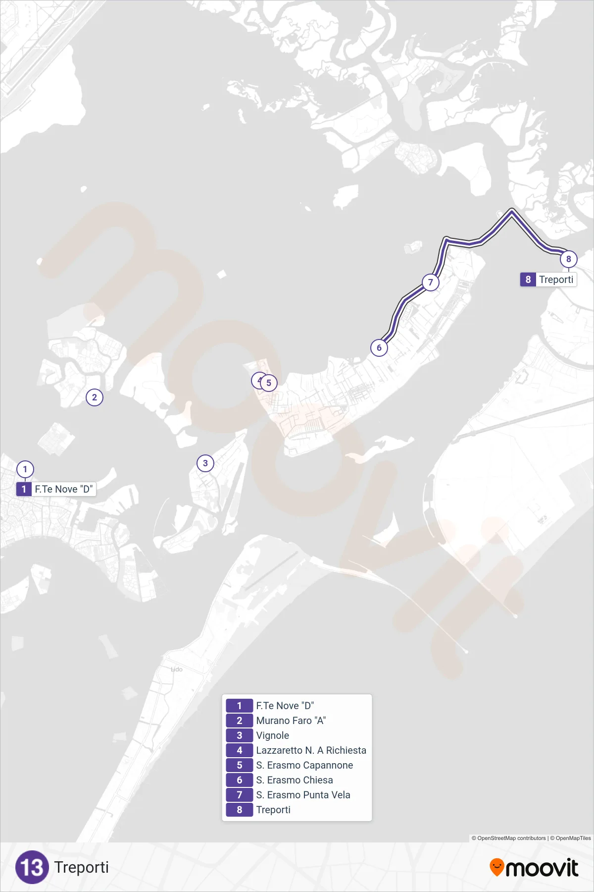 Linea 13 navigazione (Treporti) - Percorsi e fermate sulla mappa
