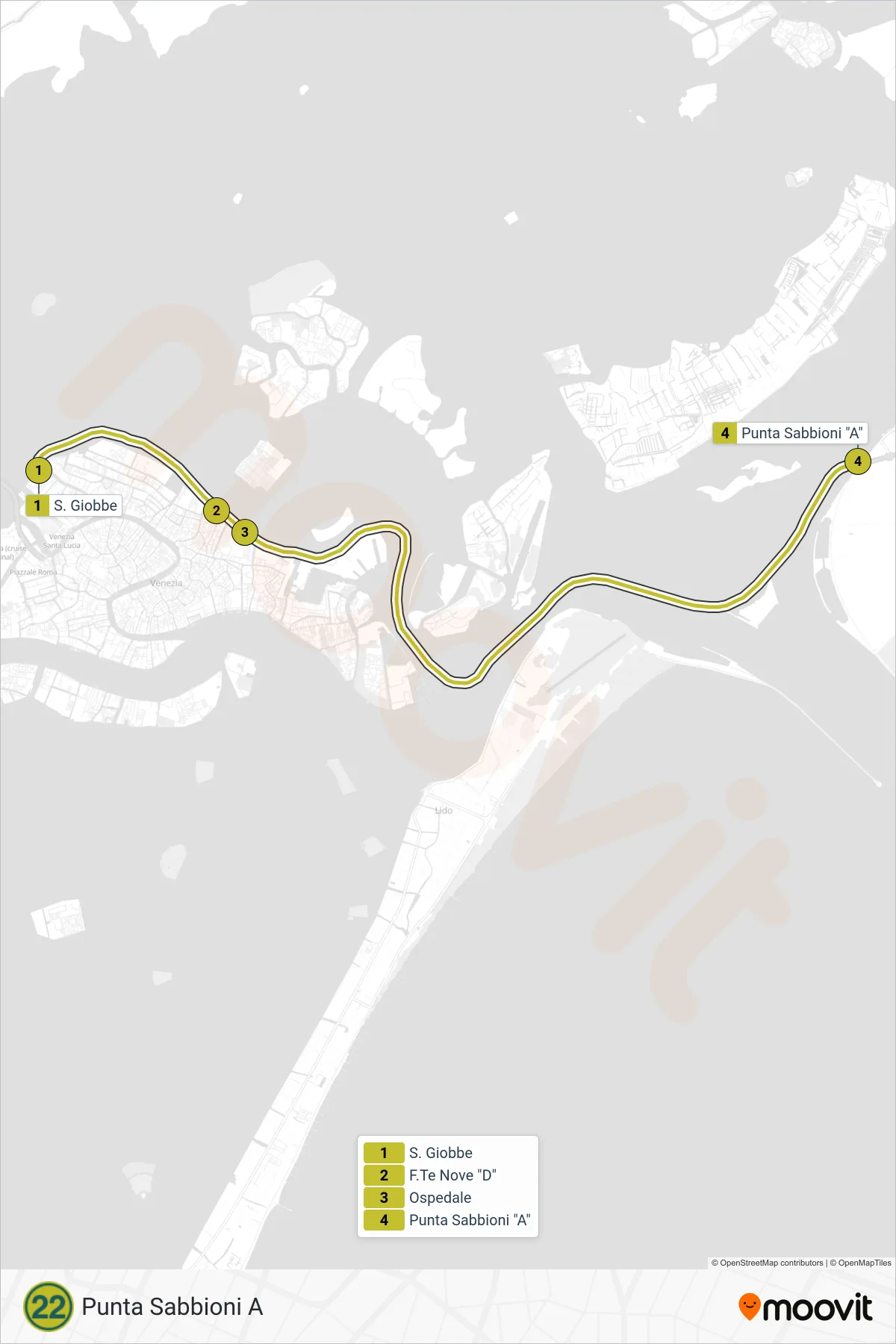 Linea 22  navigazione (Punta Sabbioni A) - Percorsi e fermate sulla mappa