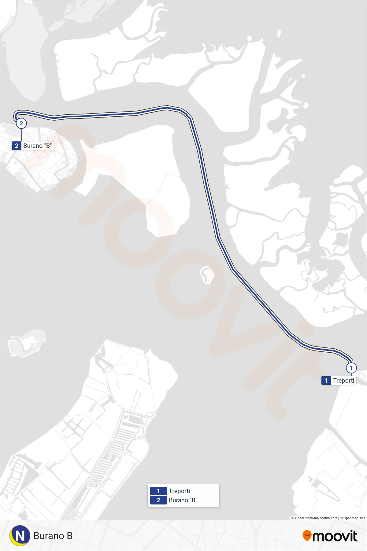 Linea NLN navigazione (Burano B) - Percorsi e fermate sulla mappa