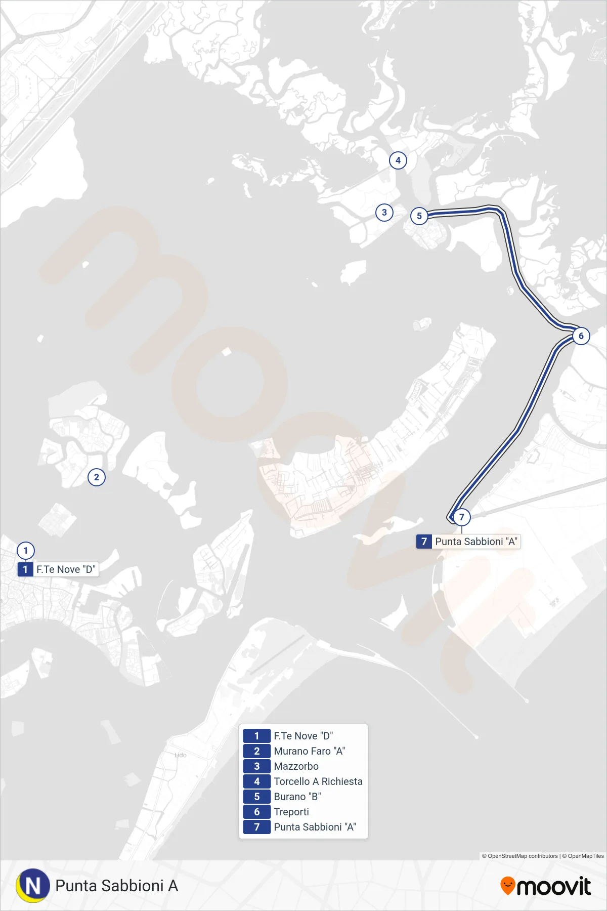 Linea NLN navigazione (Punta Sabbioni A) - Percorsi e fermate sulla mappa