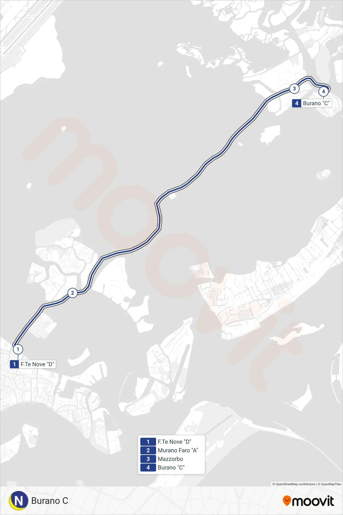 Linea NLN  navigazione (Burano C) - Percorsi e fermate sulla mappa