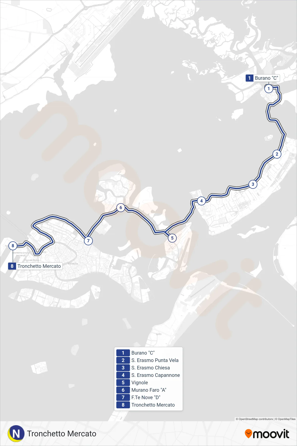 Linea NLN navigazione (Tronchetto Mercato) - Percorsi e fermate sulla mappa
