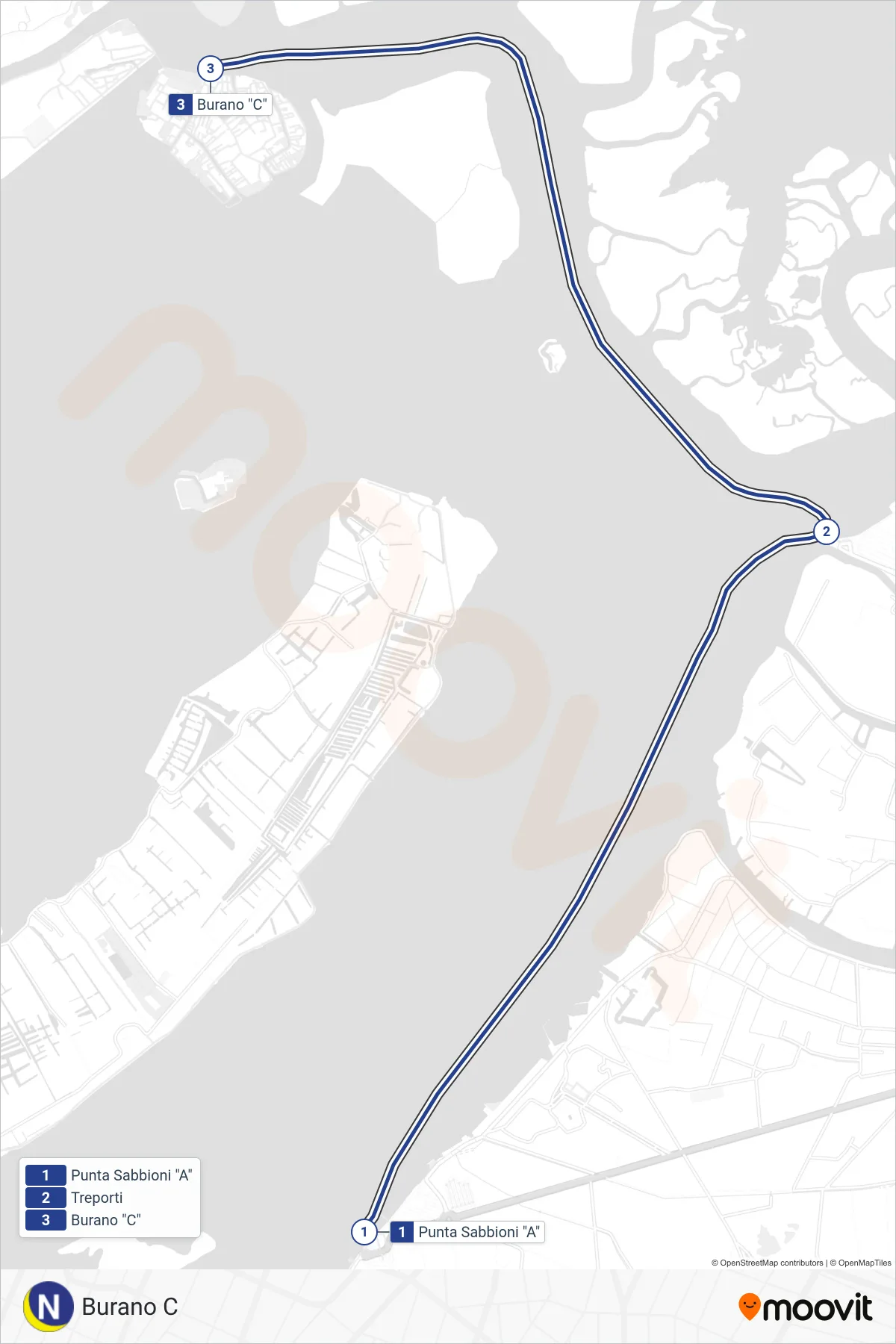 Linea NLN navigazione (Burano C) - Percorsi e fermate sulla mappa