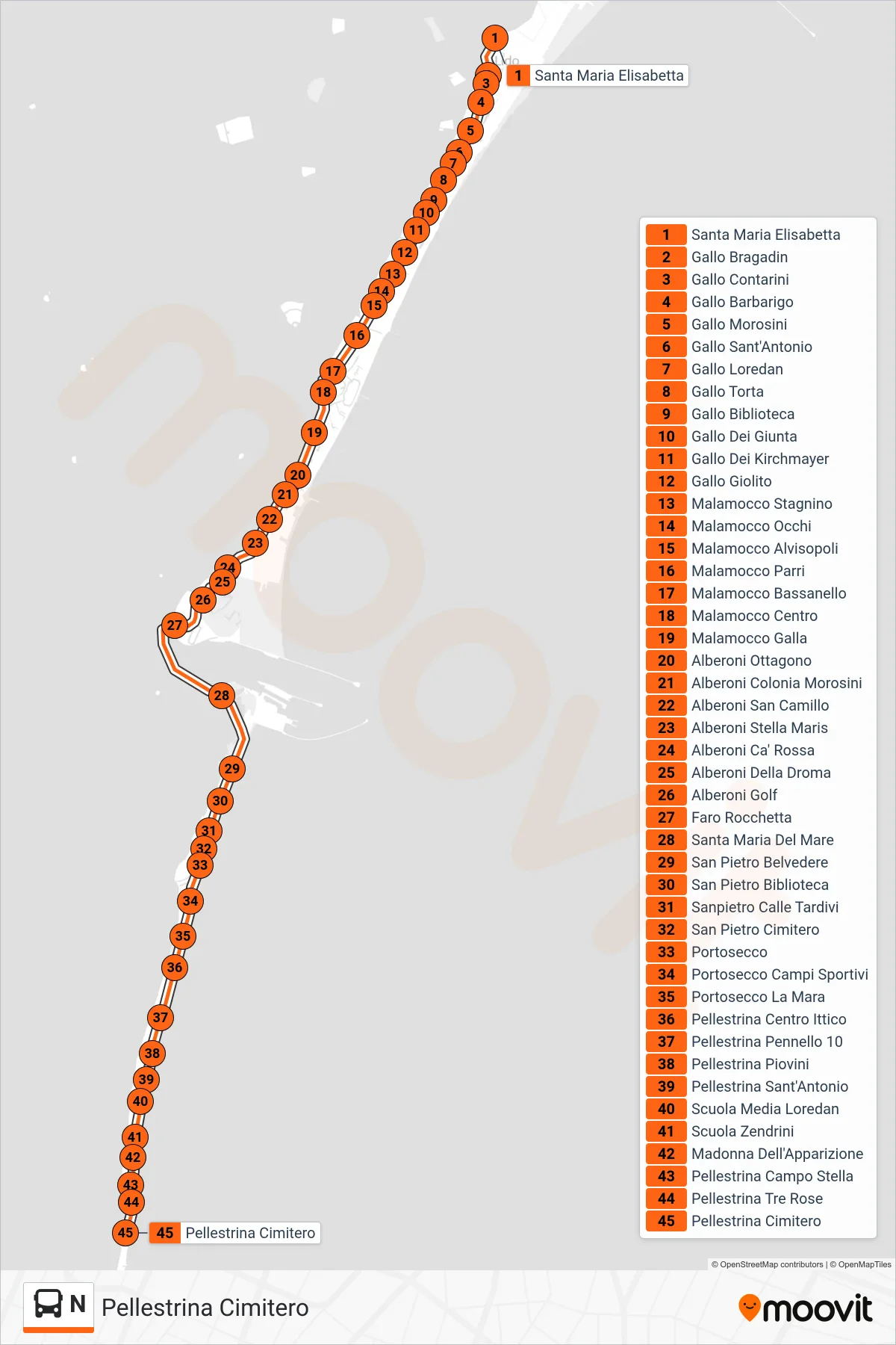 Linea N bus (Pellestrina Cimitero) - Percorsi e fermate sulla mappa