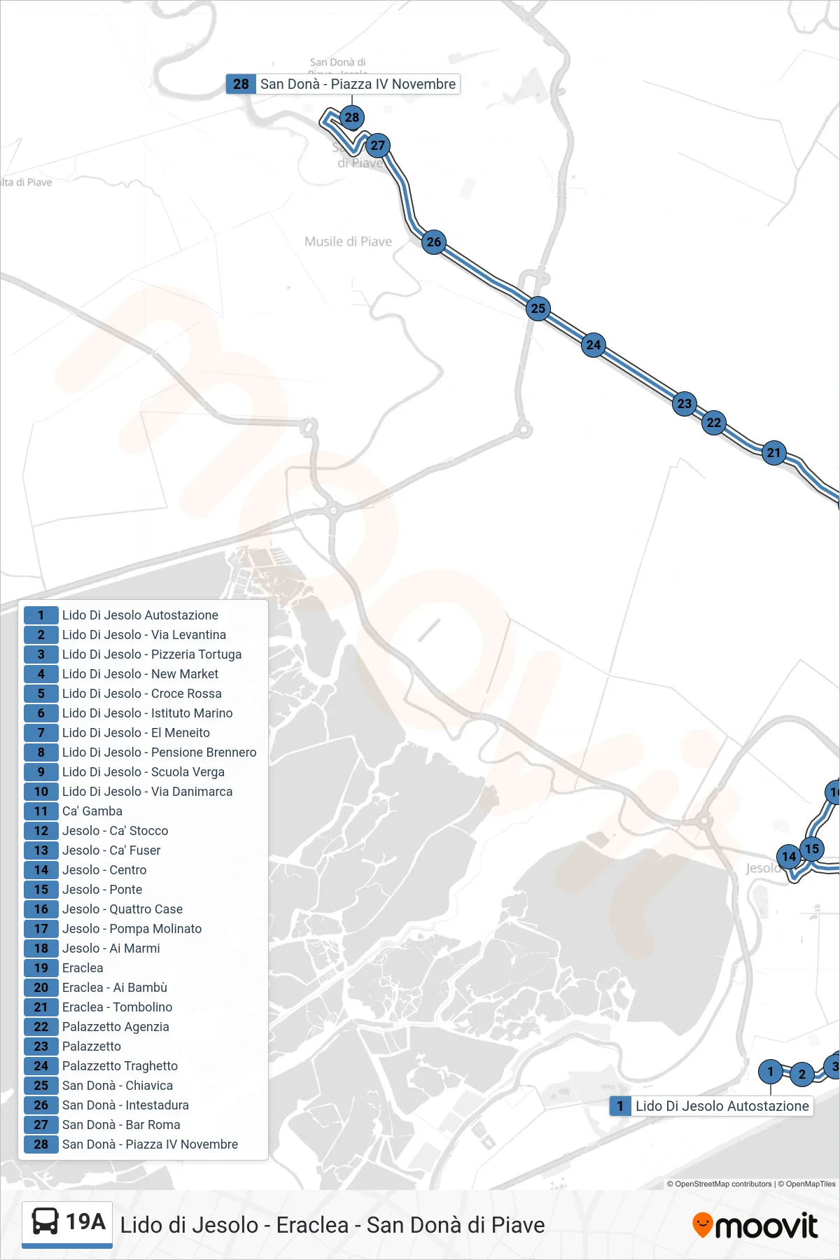 Linea 19A bus (San Donà Di Piave (-> Cà Gamba)) - Percorsi e fermate sulla mappa