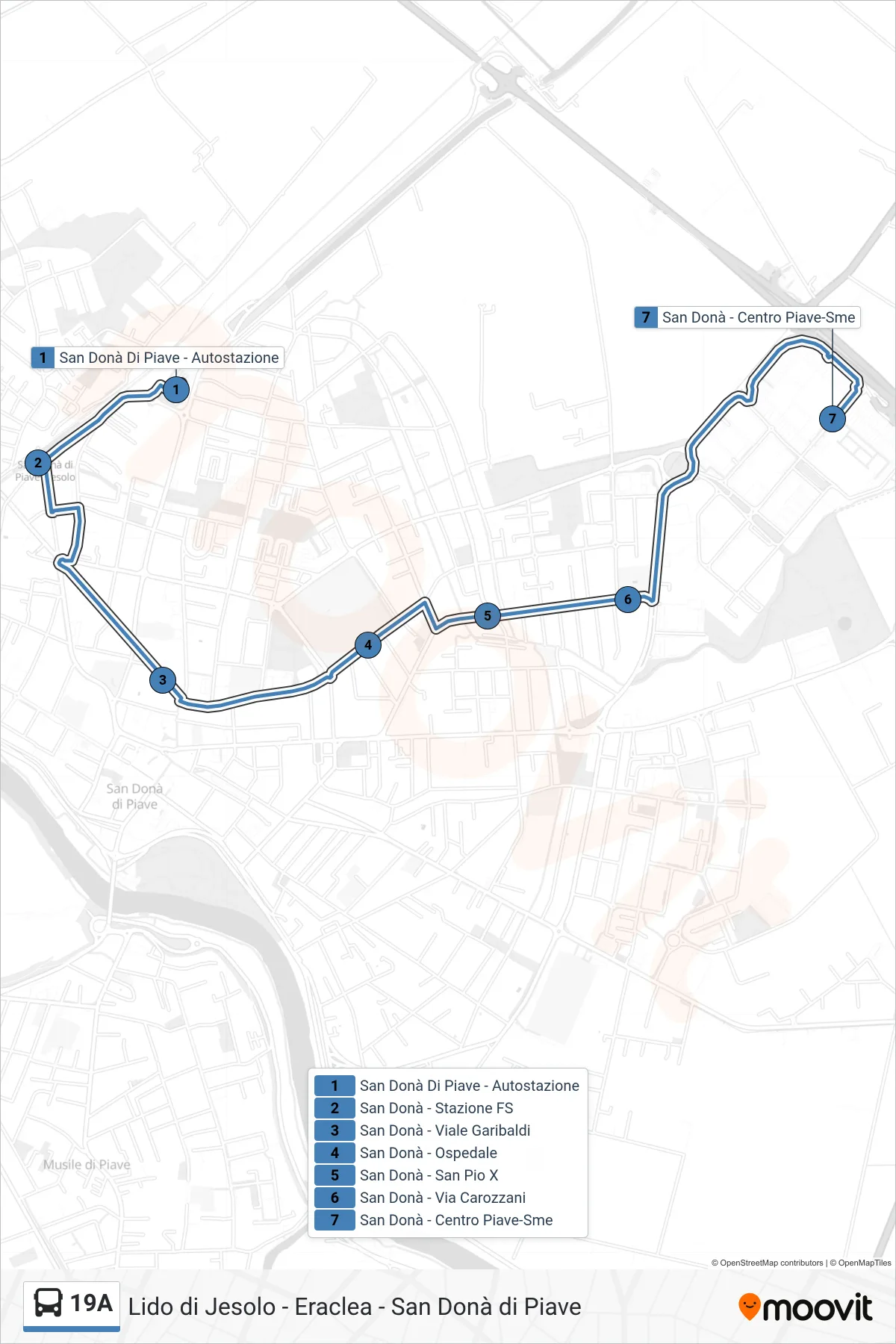 Linea 19A  bus (Centro Piave) - Percorsi e fermate sulla mappa