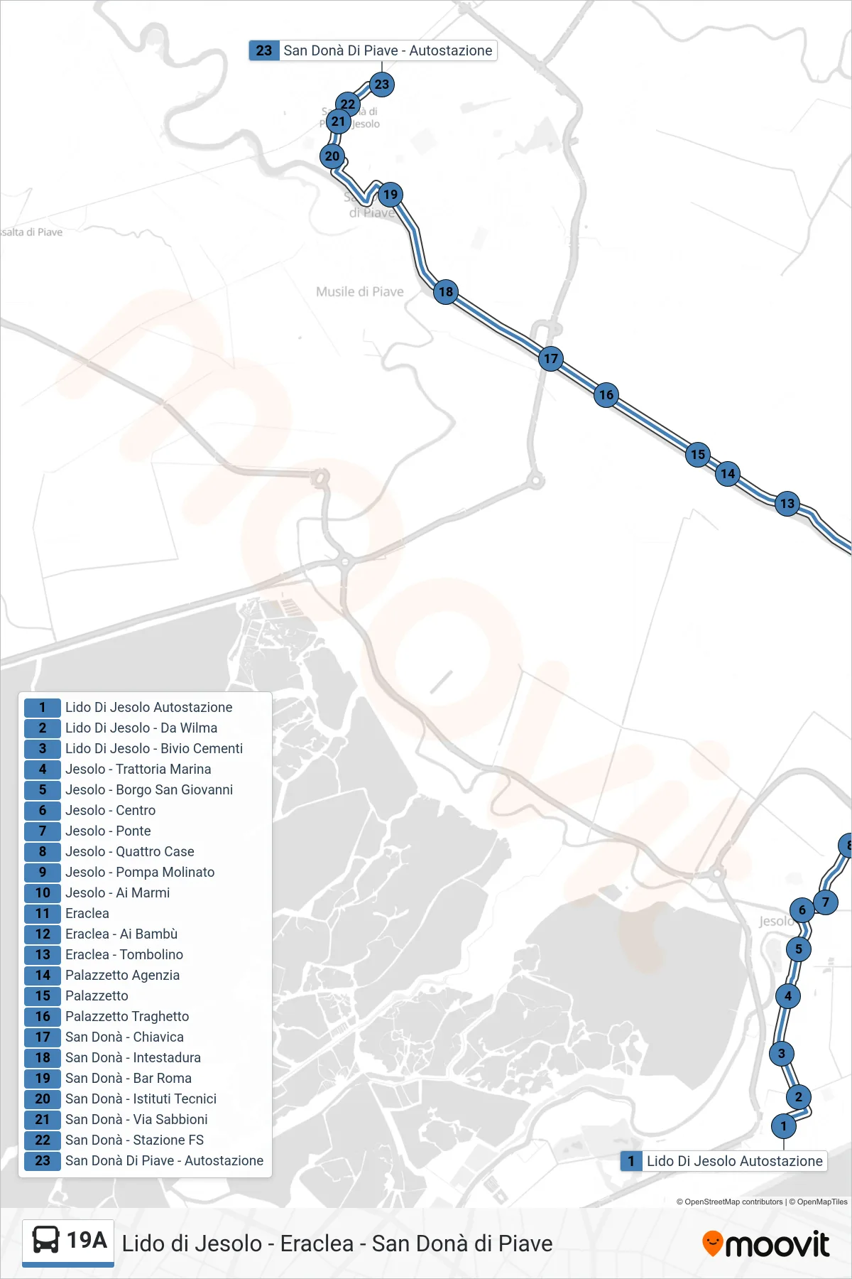 Linea 19A bus (San Donà di Piave) - Percorsi e fermate sulla mappa