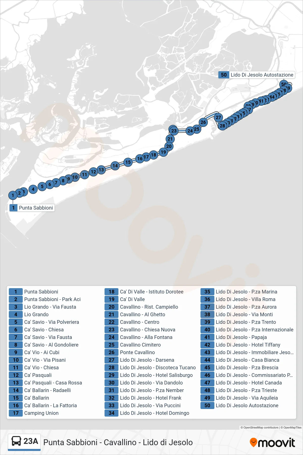 Linea 23A bus (Lido Di Jesolo) - Percorsi e fermate sulla mappa