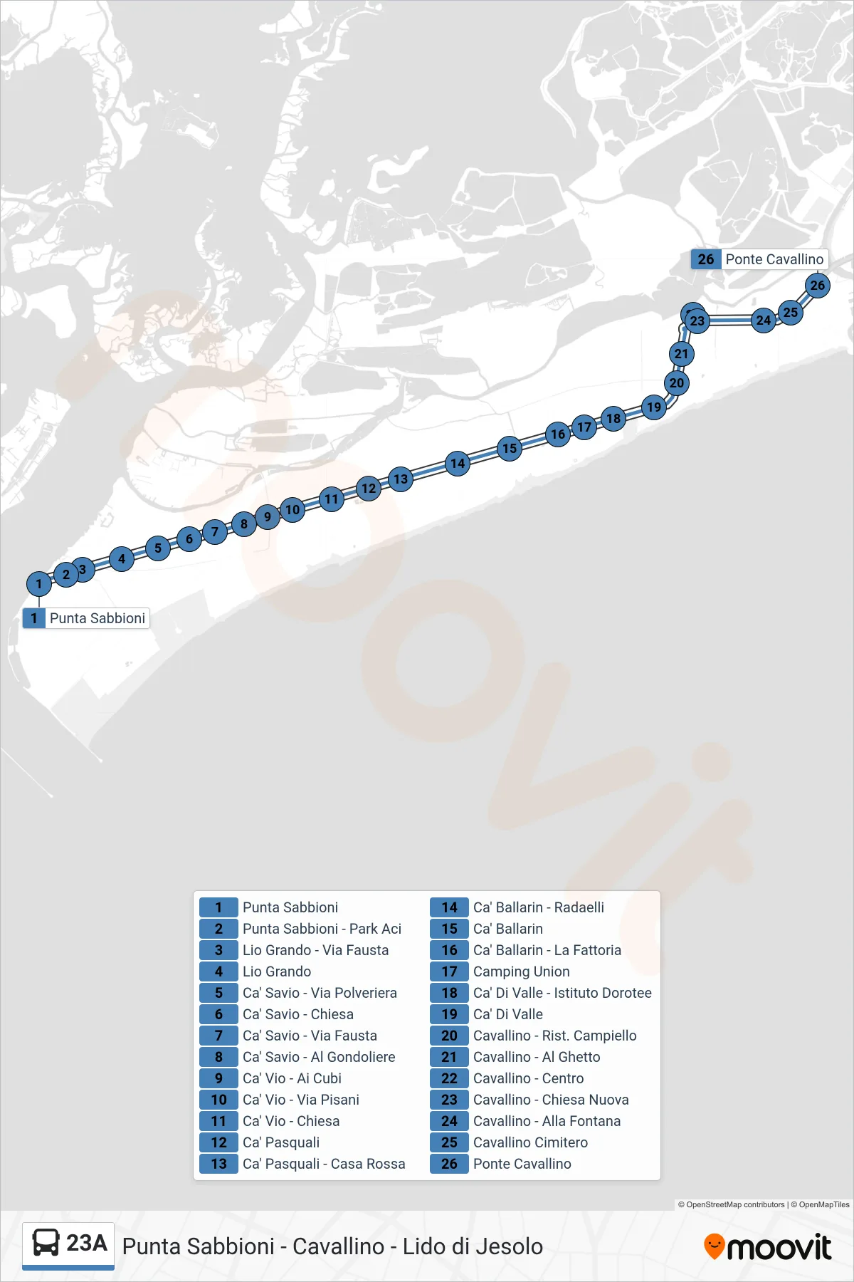 Linea 23A bus (Ponte Cavallino) - Percorsi e fermate sulla mappa