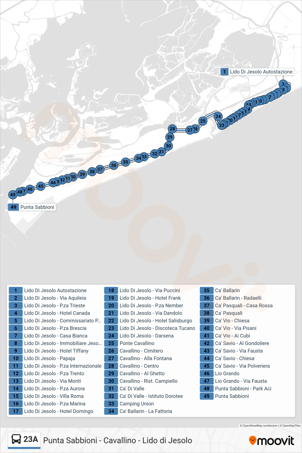 Linea 23A  bus (Punta Sabbioni) - Percorsi e fermate sulla mappa