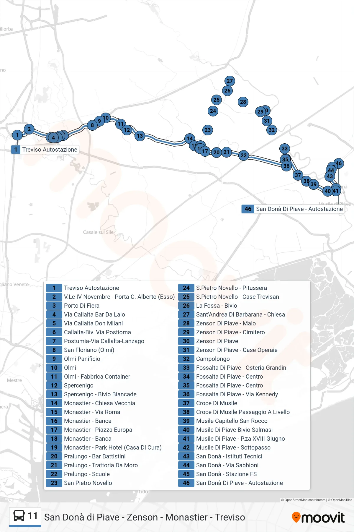 Linea 11 bus (San Donà di Piave) - Percorsi e fermate sulla mappa