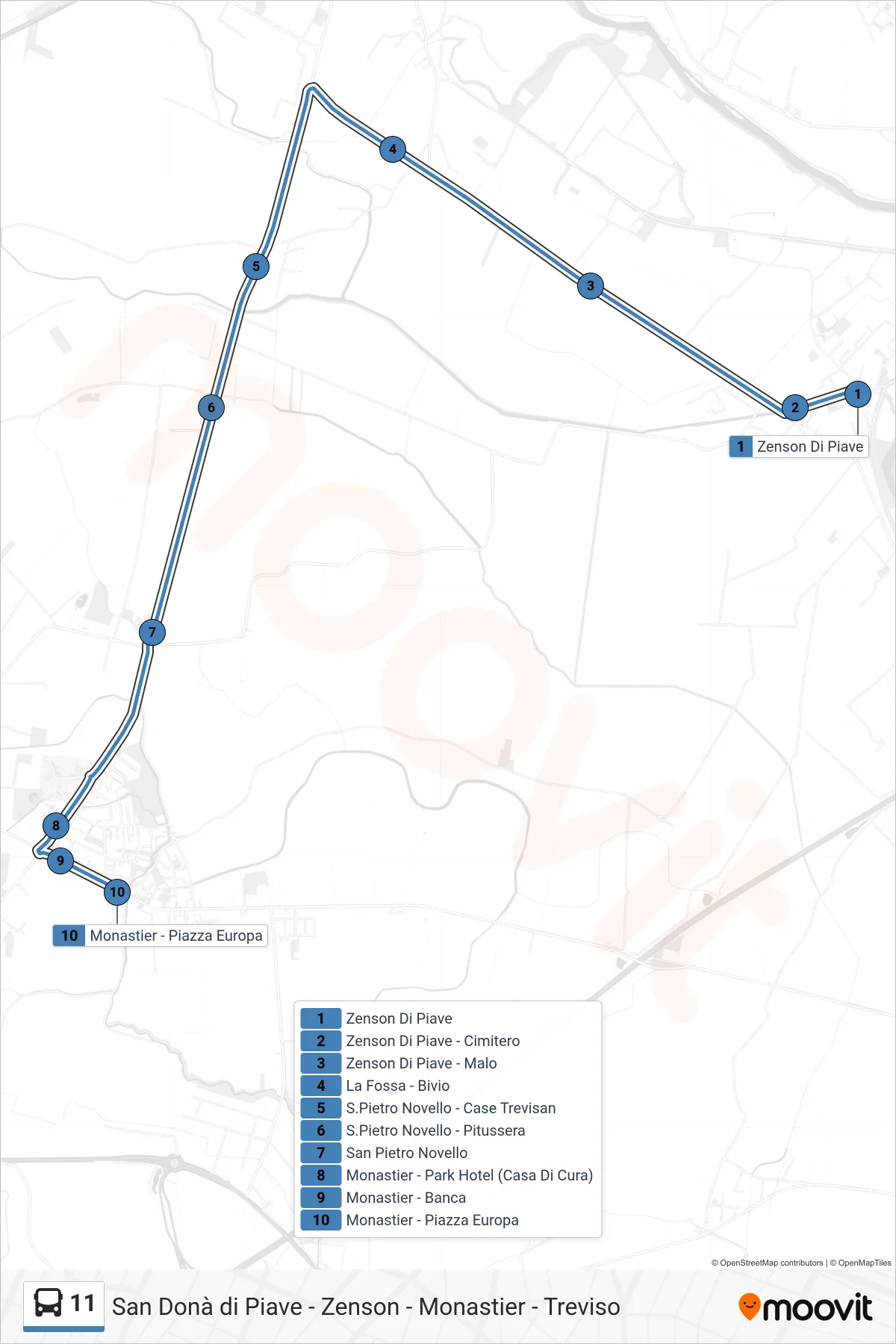 Linea 11 bus (Monastier) - Percorsi e fermate sulla mappa