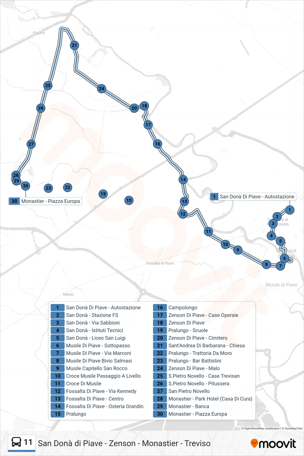 Linea 11 bus (Monastier) - Percorsi e fermate sulla mappa