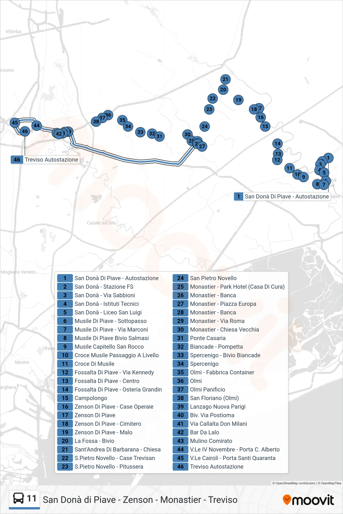 Linea 11 bus (Treviso) - Percorsi e fermate sulla mappa