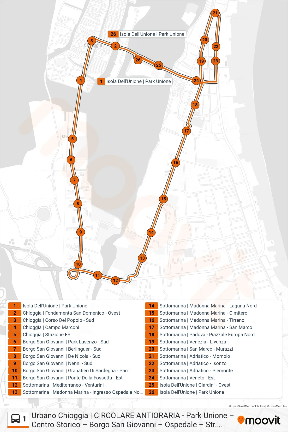 Linea 1 bus (Park Unione) - Percorsi e fermate sulla mappa