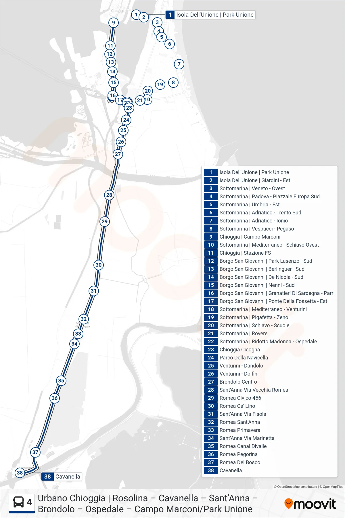 Linea 4 bus (Cavanella d'Adige) - Percorsi e fermate sulla mappa