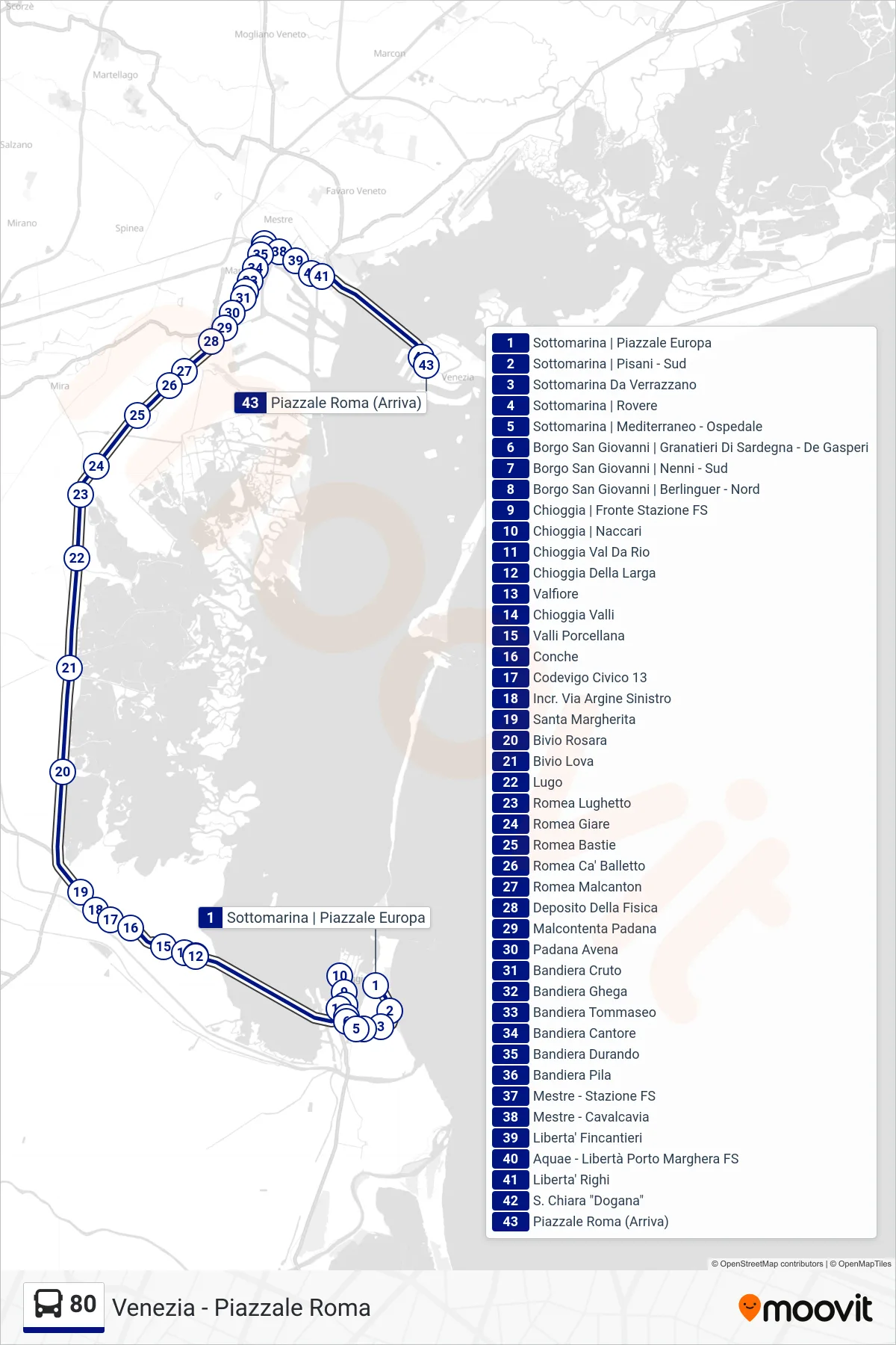 Linea 80 bus (Venezia - Piazzale Roma) - Percorsi e fermate sulla mappa