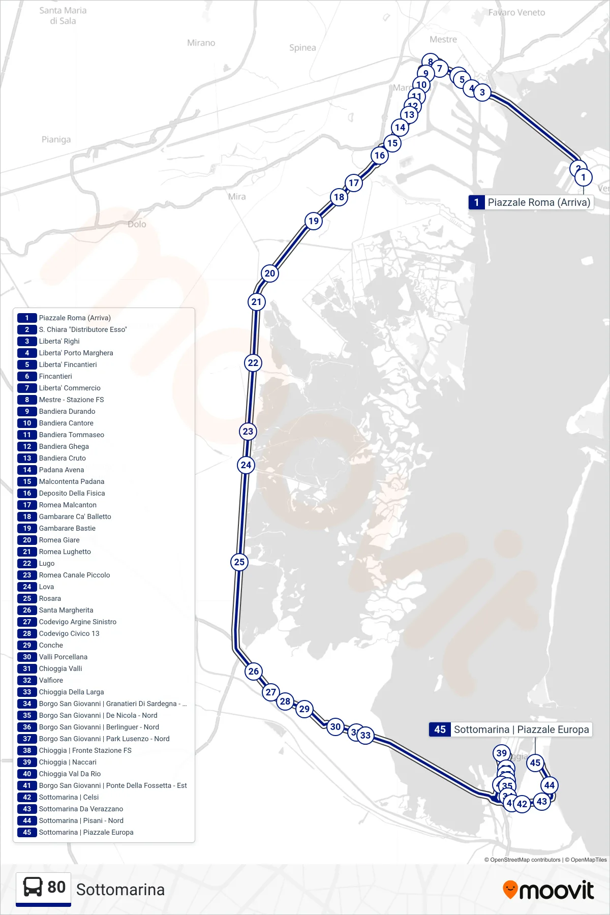 Linea 80  bus (Sottomarina) - Percorsi e fermate sulla mappa