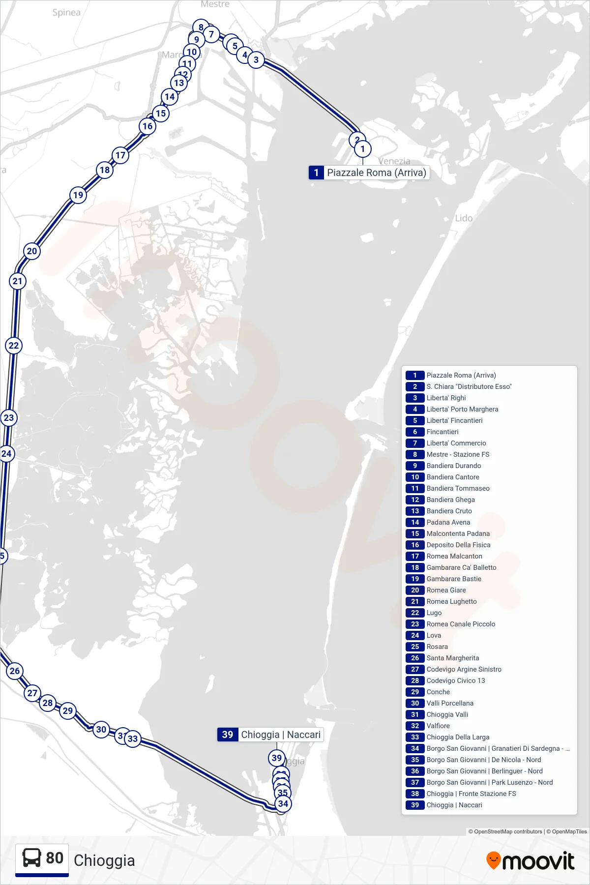 Linea 80 bus (Chioggia) - Percorsi e fermate sulla mappa