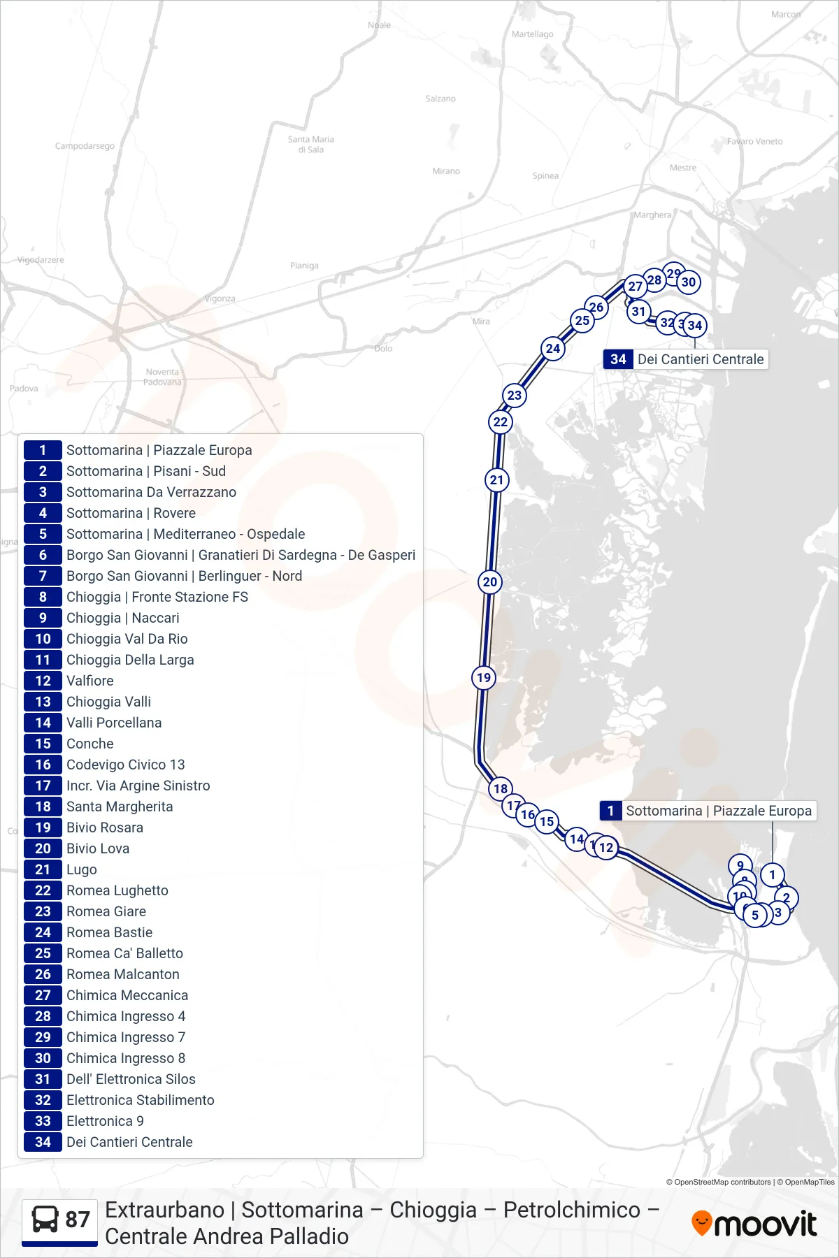 Linea 87 bus (Fusina - Centrale Palladio) - Percorsi e fermate sulla mappa