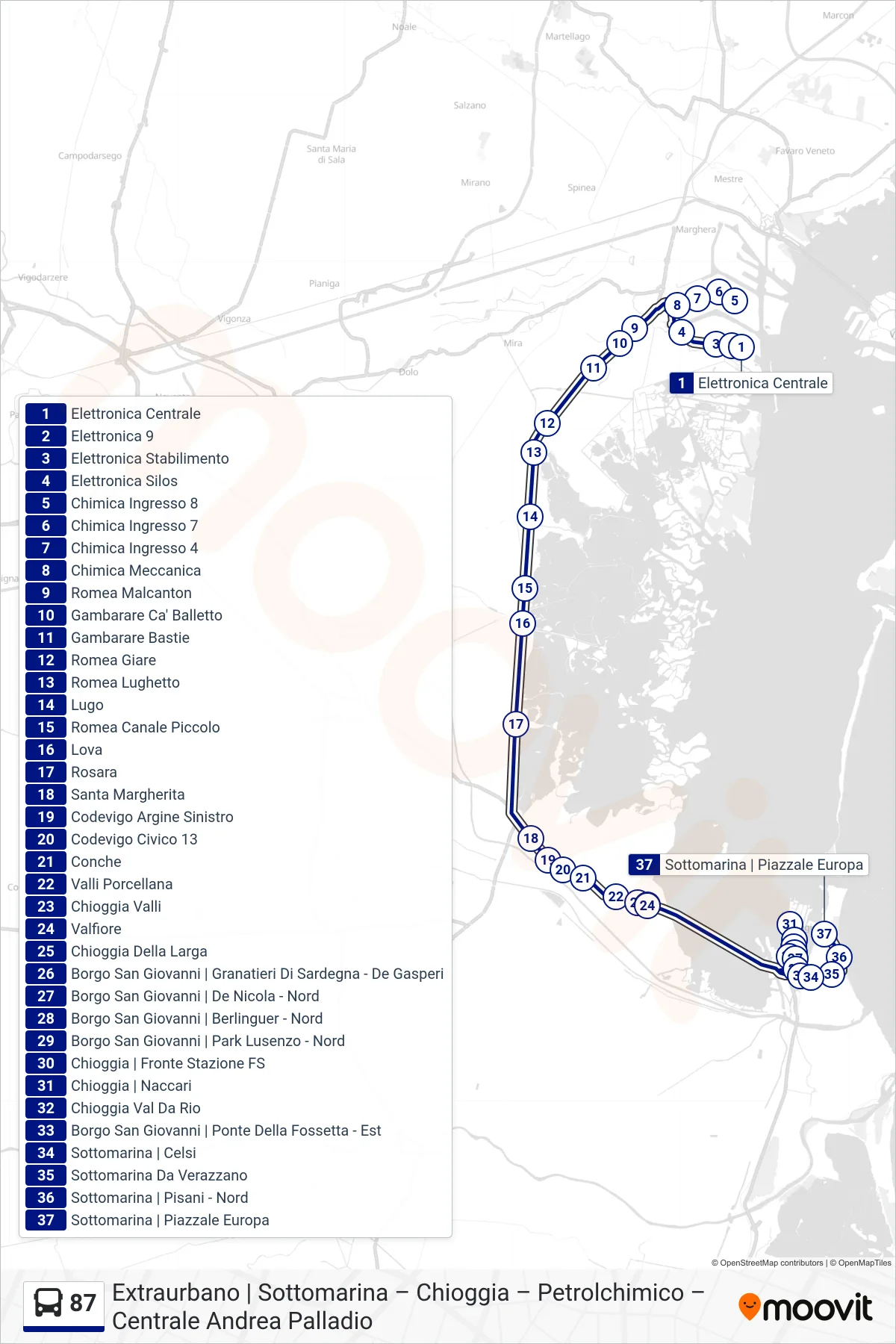 Linea 87  bus (Sottomarina) - Percorsi e fermate sulla mappa