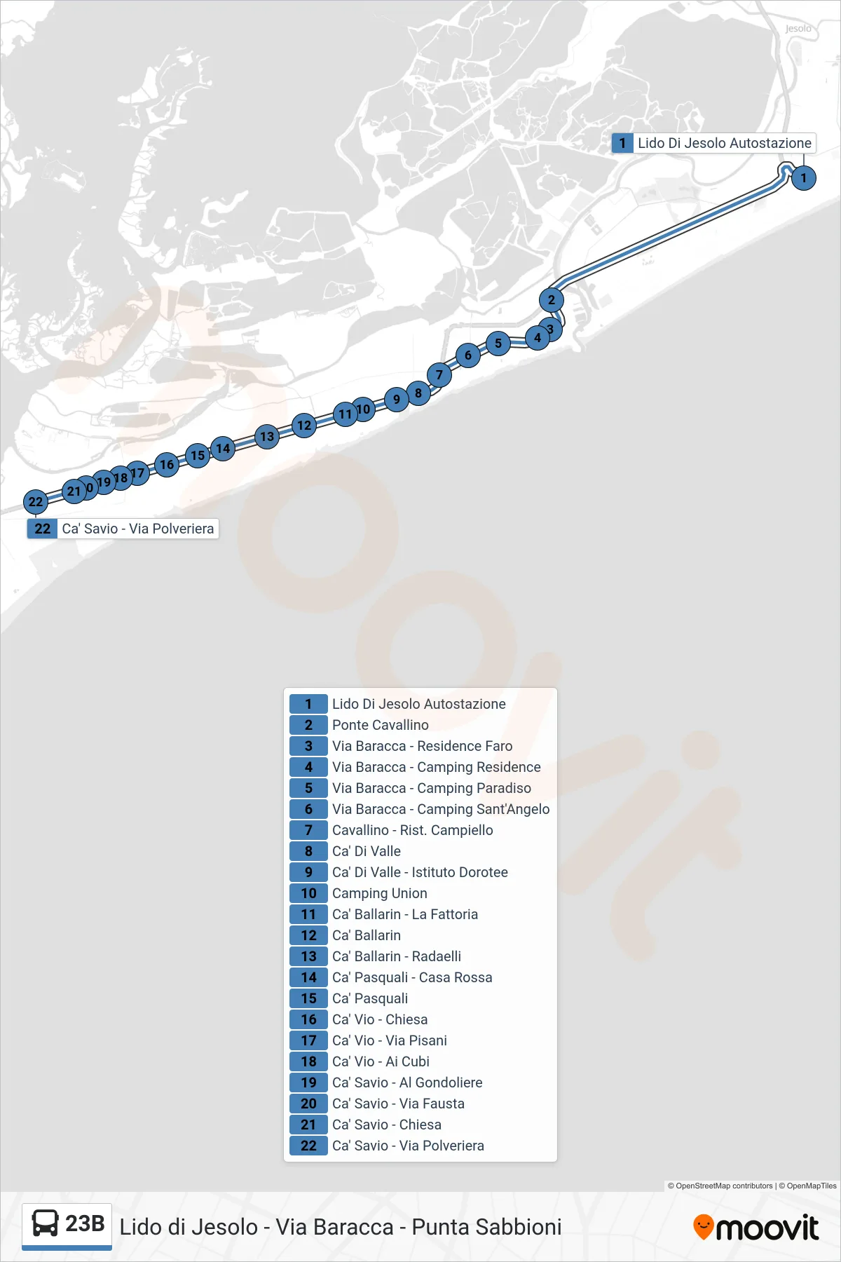 Linea 23B bus (Ca' Savio) - Percorsi e fermate sulla mappa