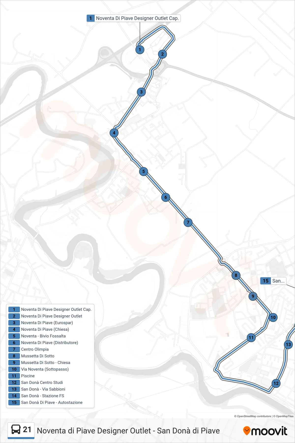 Linea 21 bus (San Donà di Piave) - Percorsi e fermate sulla mappa