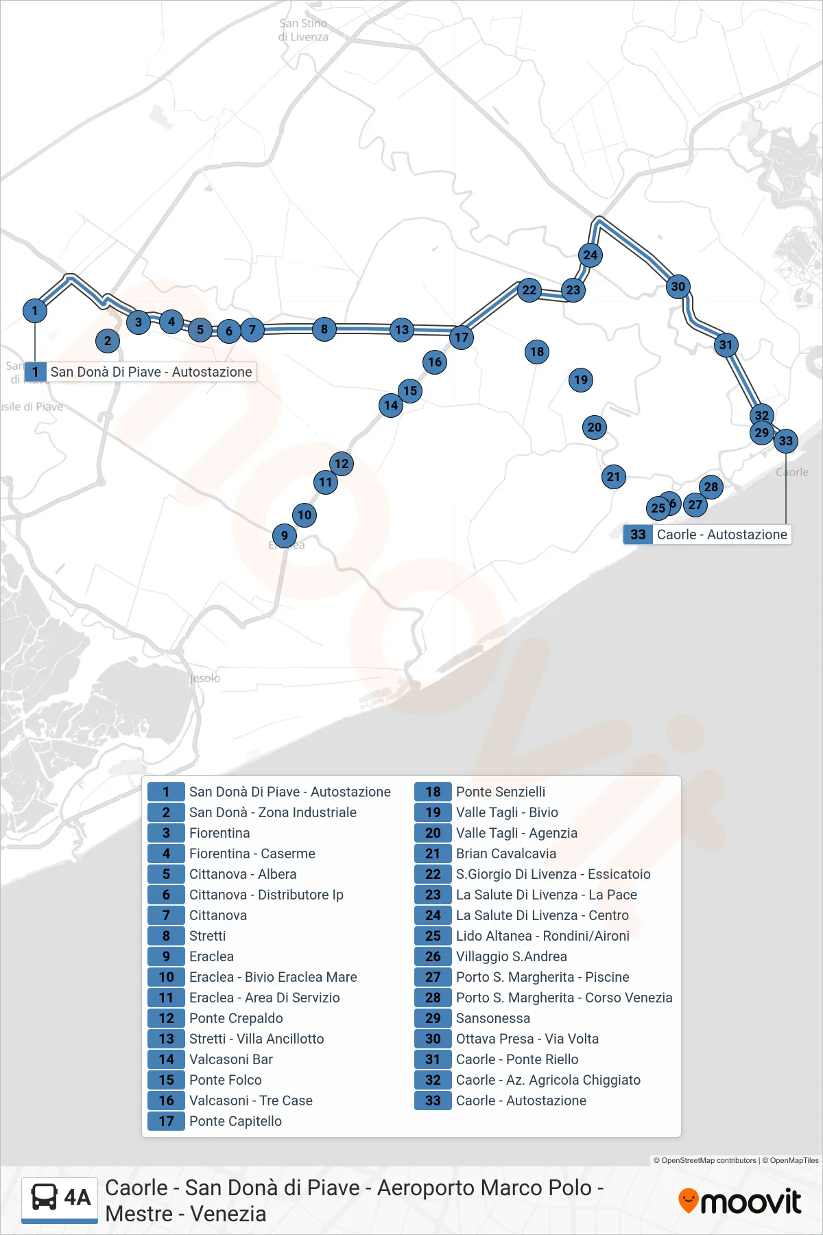 Linea 4A bus (Caorle) - Percorsi e fermate sulla mappa