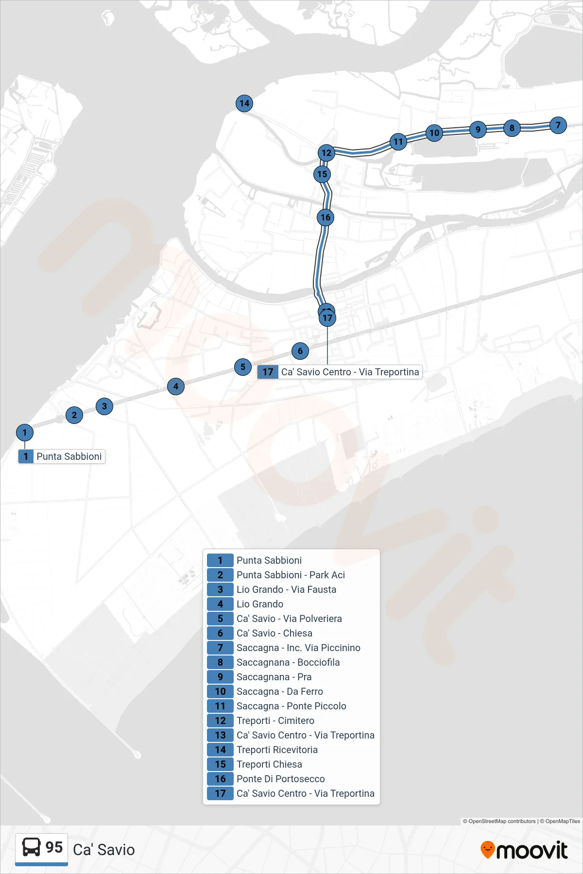 Linea 95 bus (Ca' Savio) - Percorsi e fermate sulla mappa