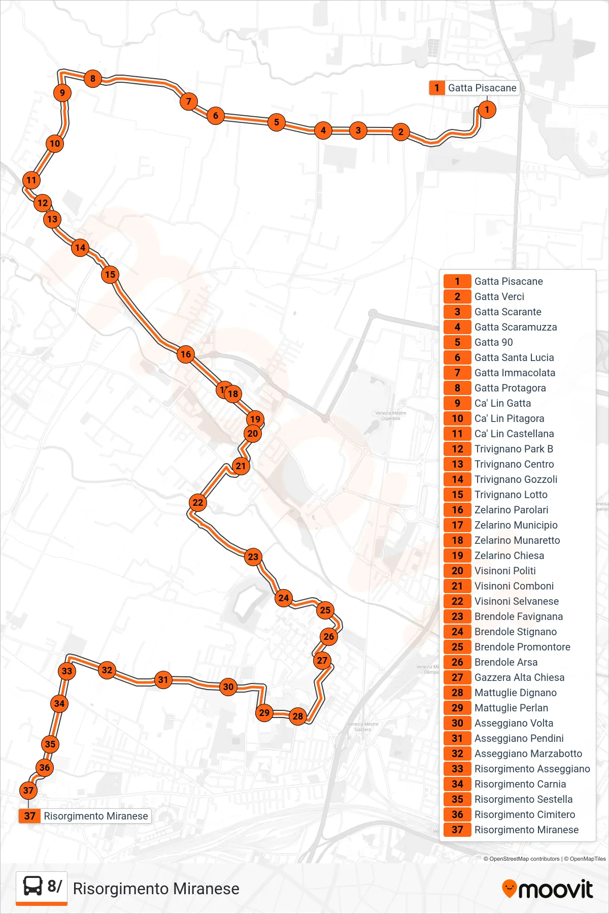 Linea 8/  bus (Risorgimento Miranese) - Percorsi e fermate sulla mappa