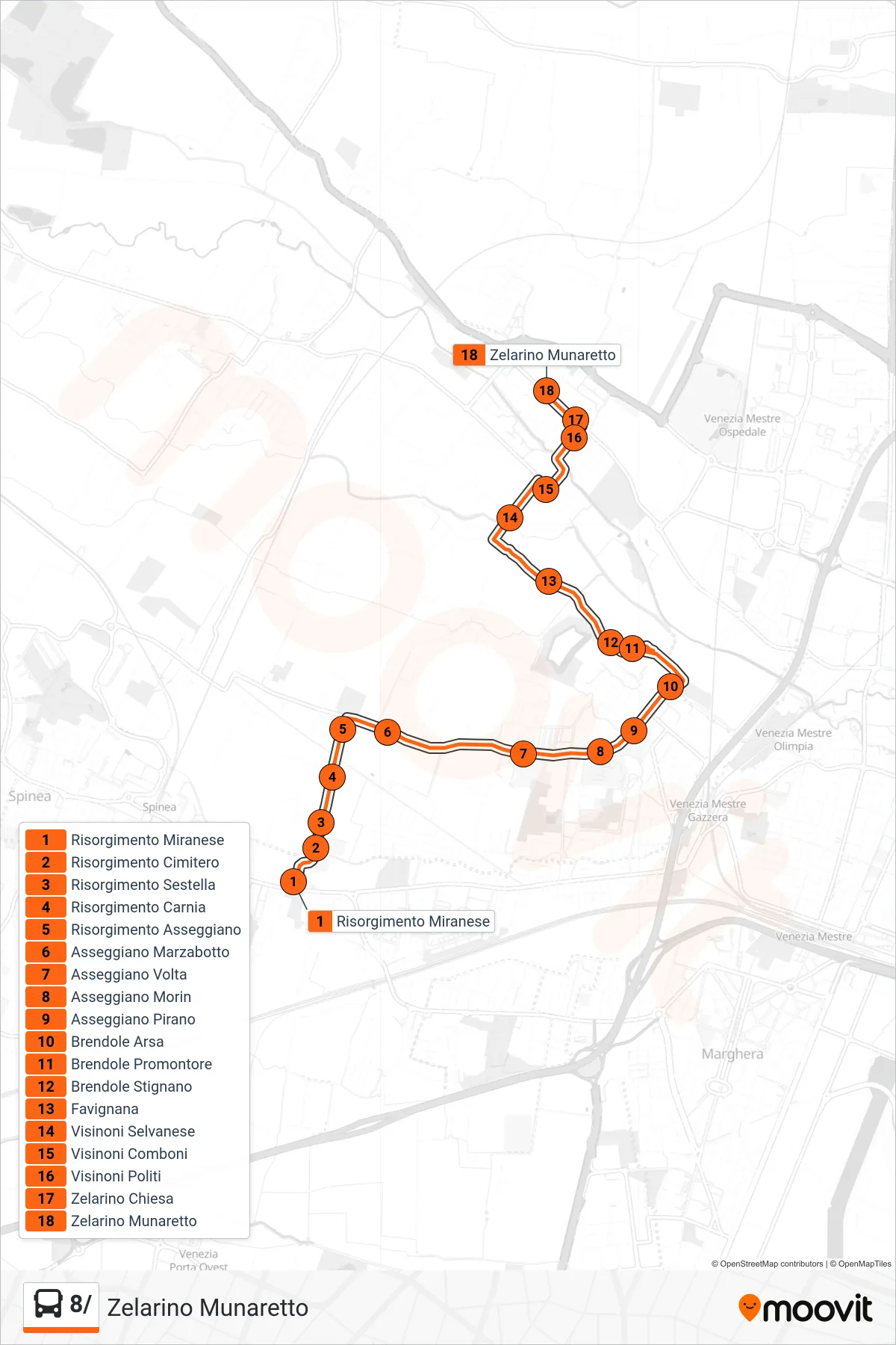 Linea 8/  bus (Zelarino Munaretto) - Percorsi e fermate sulla mappa