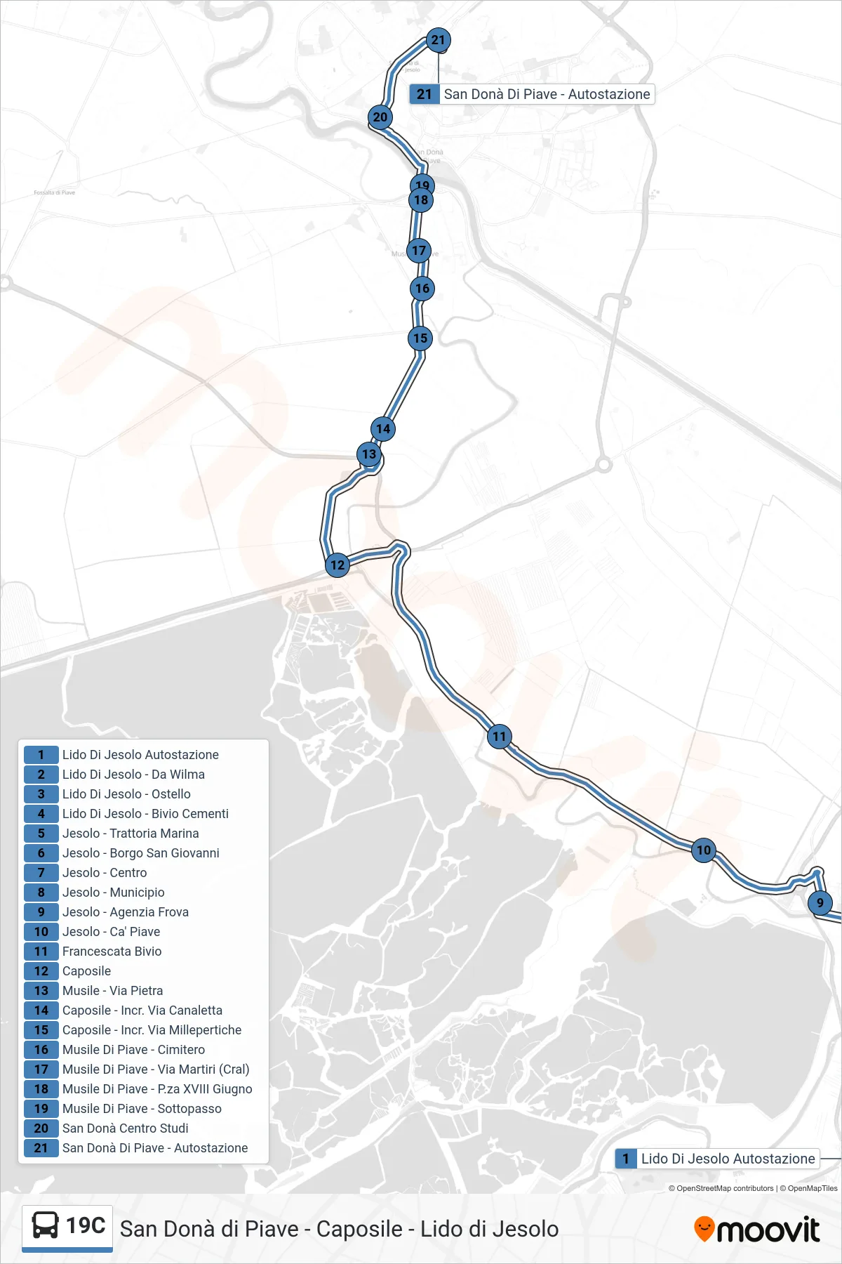 Linea 19C bus (San Donà di Piave) - Percorsi e fermate sulla mappa