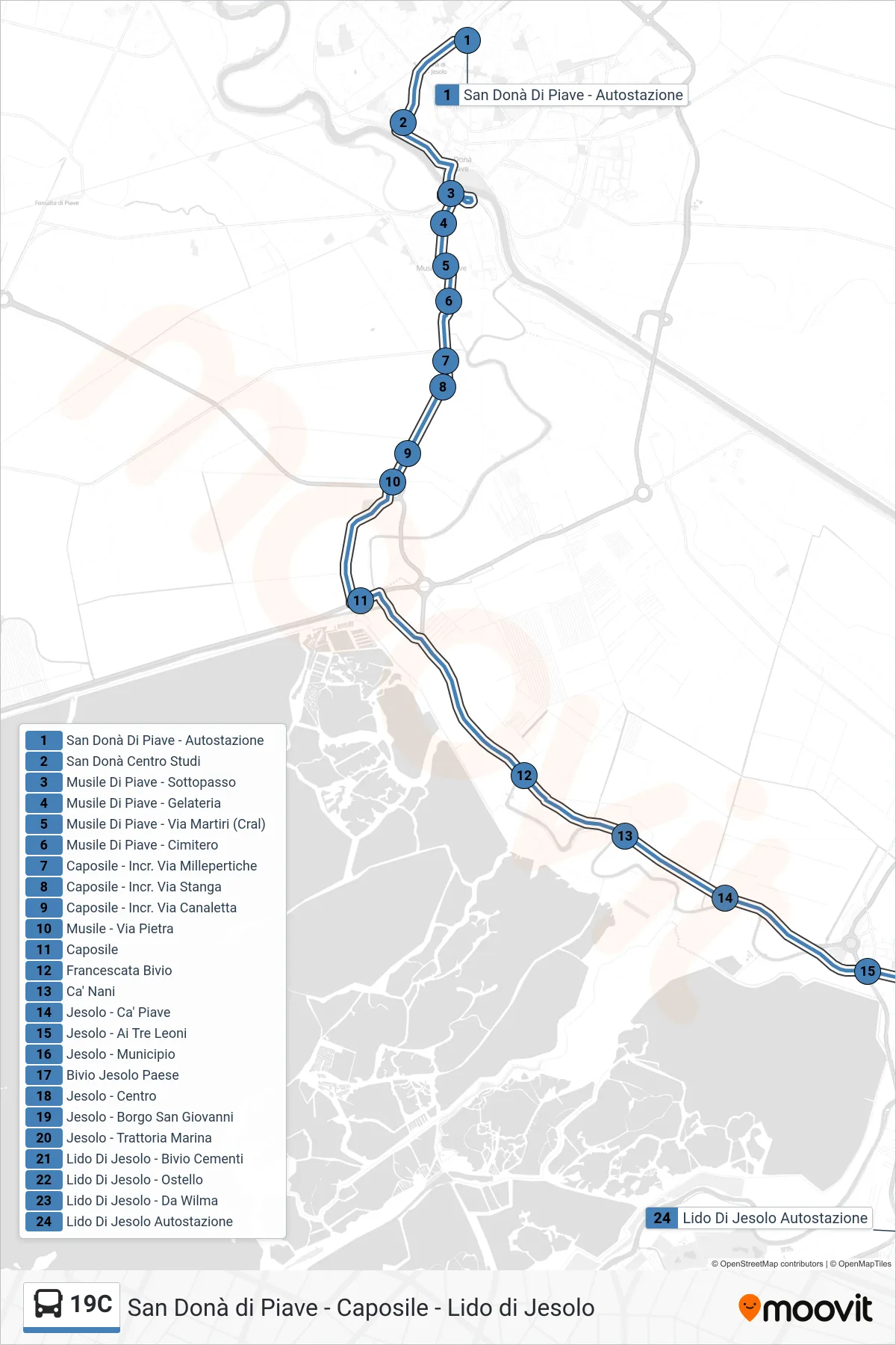 Linea 19C  bus (Lido di Jesolo) - Percorsi e fermate sulla mappa