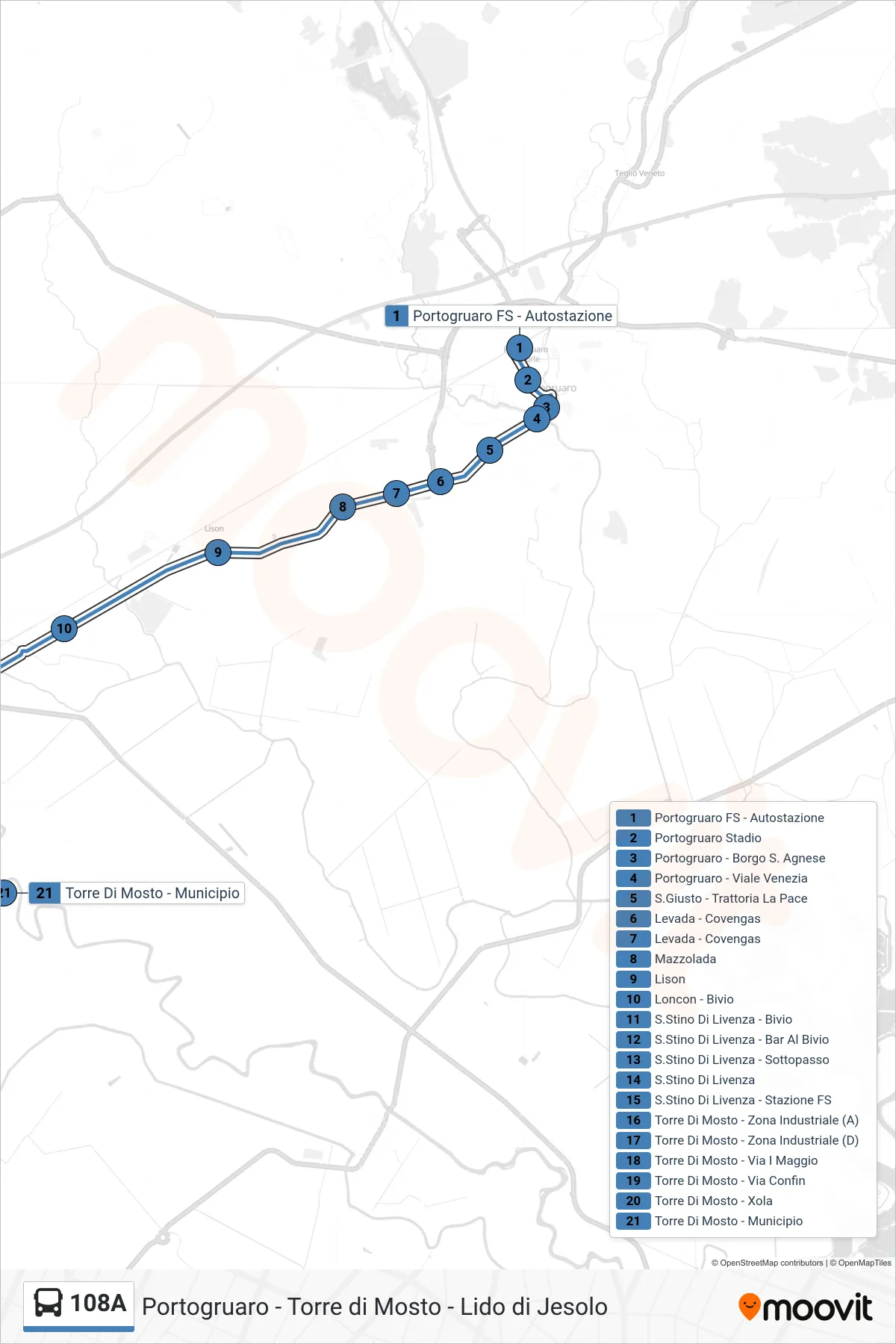 108A bus Line (Torre di Mosto) route and stops on a map