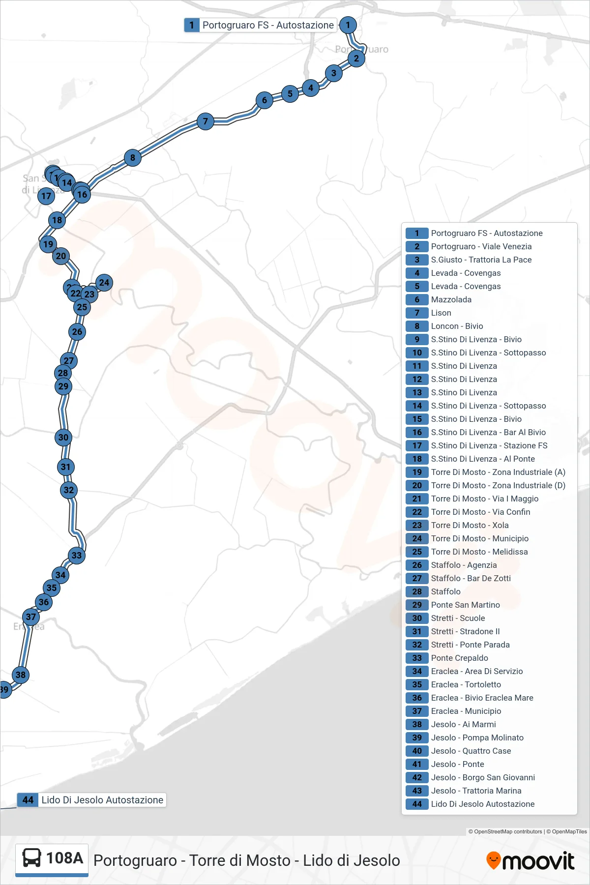 Linea 108A  bus (Lido di Jesolo) - Percorsi e fermate sulla mappa