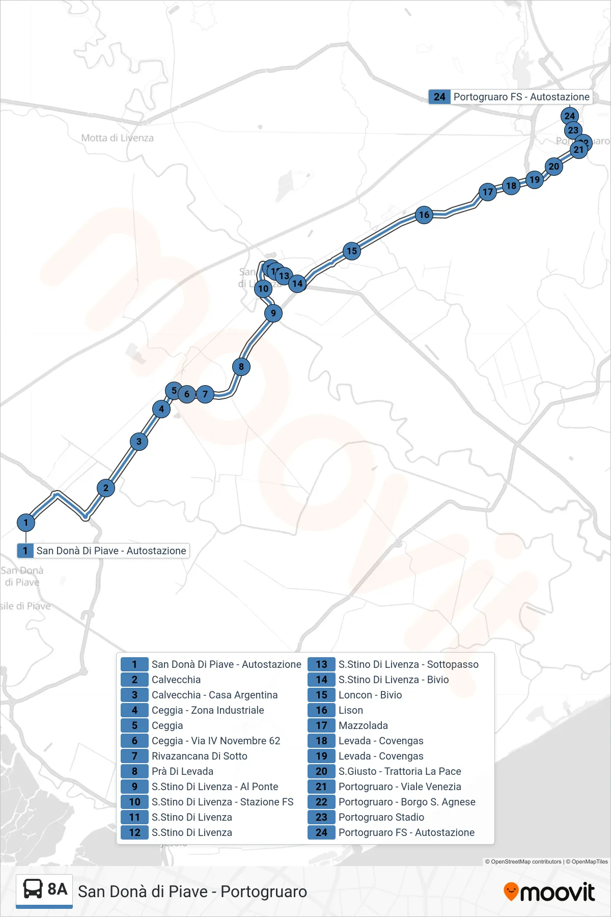 Linea 8A bus (Portogruaro) - Percorsi e fermate sulla mappa