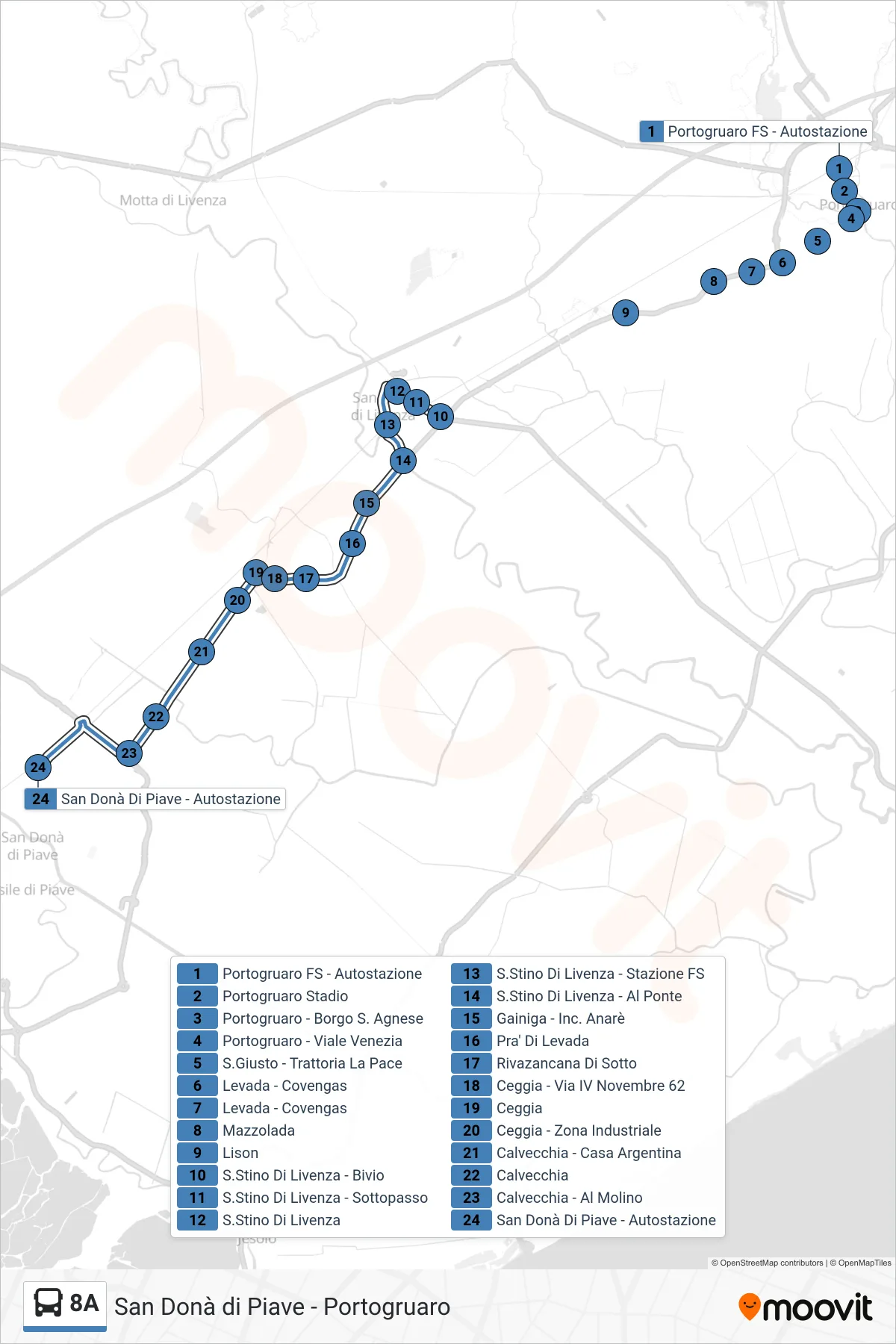 Linea 8A bus (San Donà di Piave) - Percorsi e fermate sulla mappa