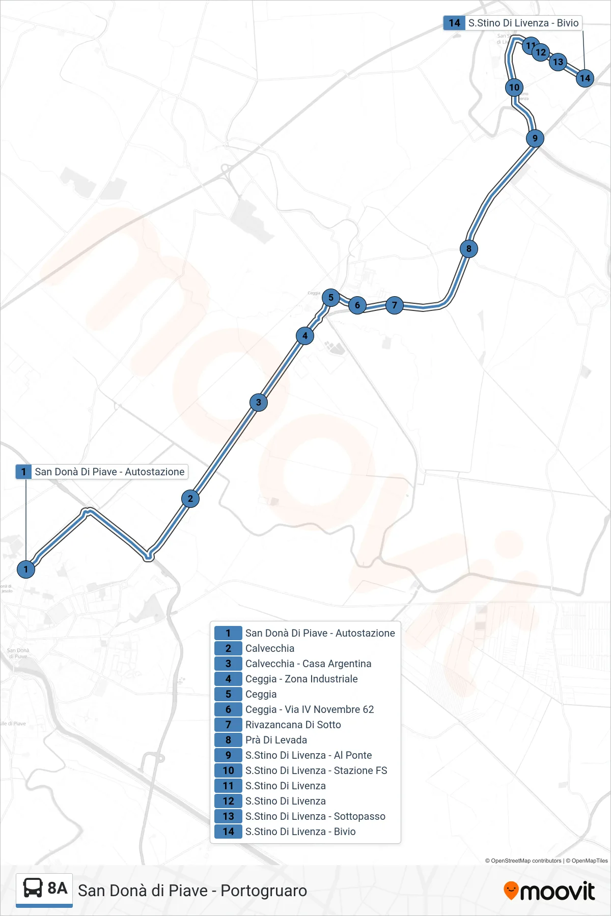 Linea 8A  bus (San Stino di Livenza) - Percorsi e fermate sulla mappa