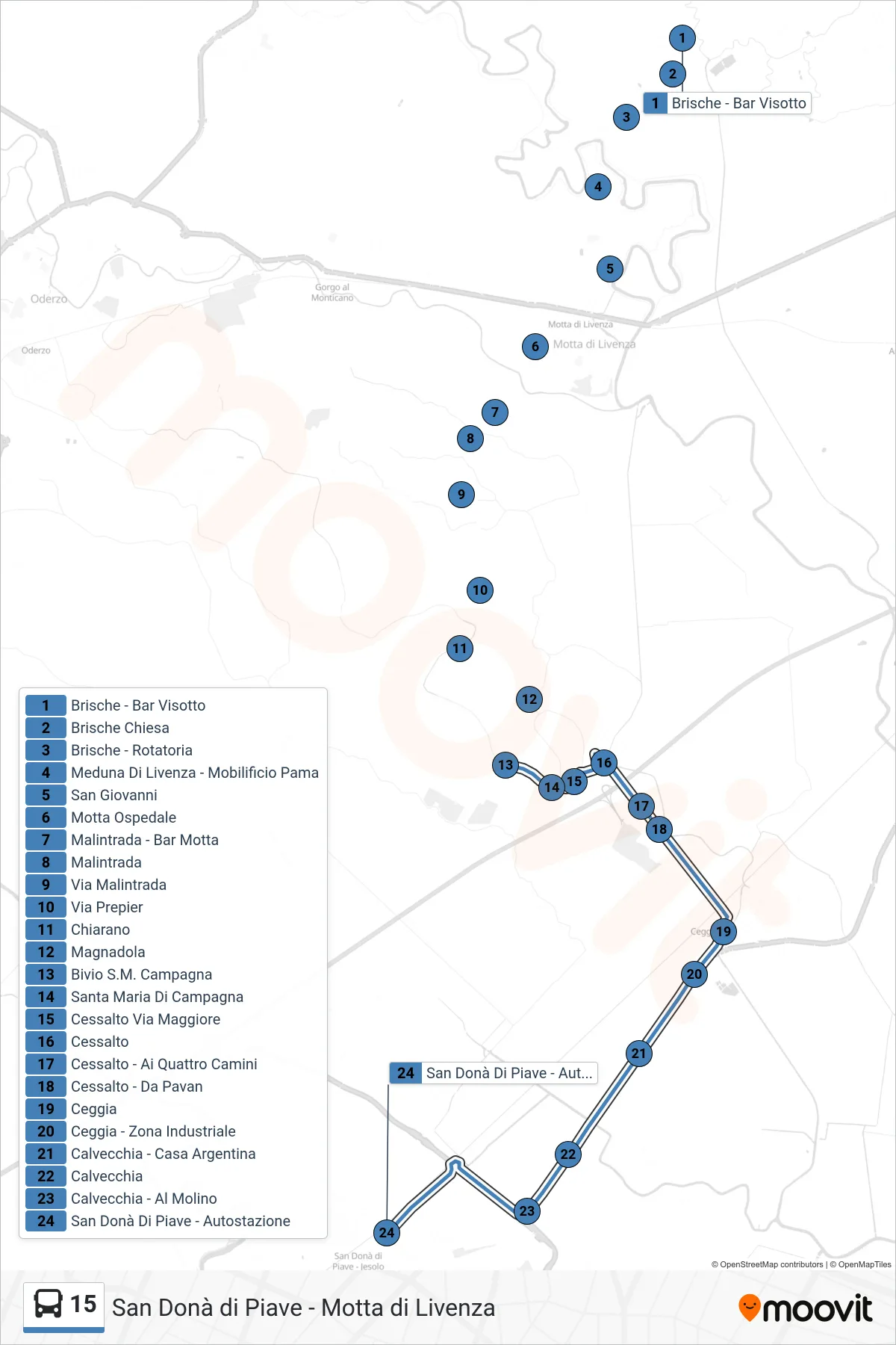 Linea 15 bus (San Donà di Piave) - Percorsi e fermate sulla mappa
