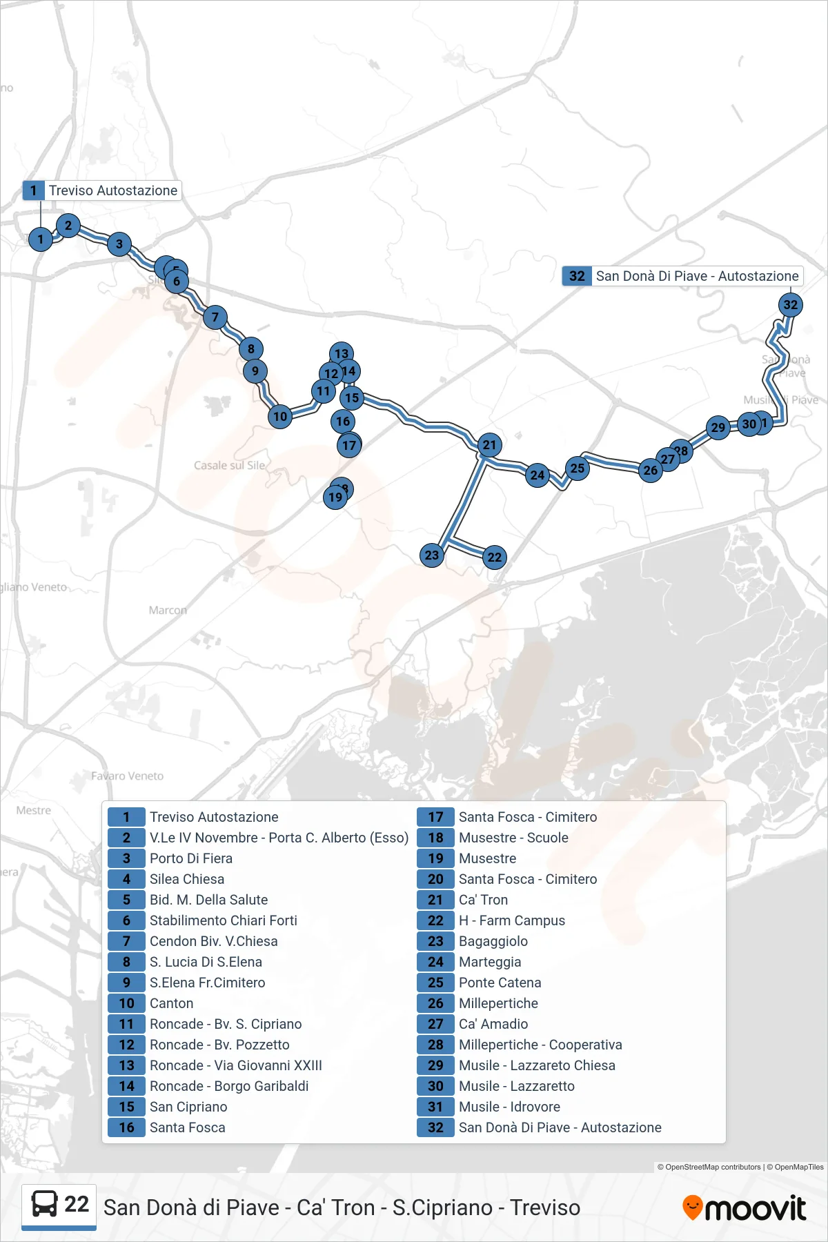 Linea 22 bus (San Donà di Piave) - Percorsi e fermate sulla mappa