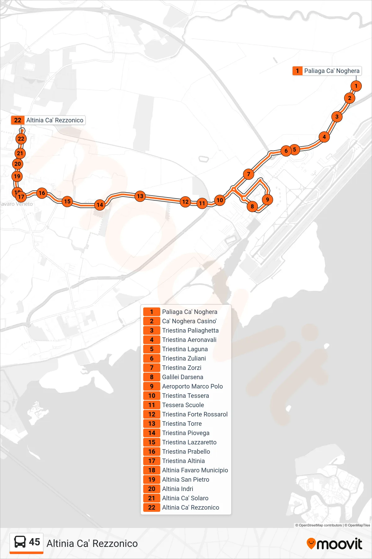 Linea 45 bus (Altinia Ca' Rezzonico) - Percorsi e fermate sulla mappa