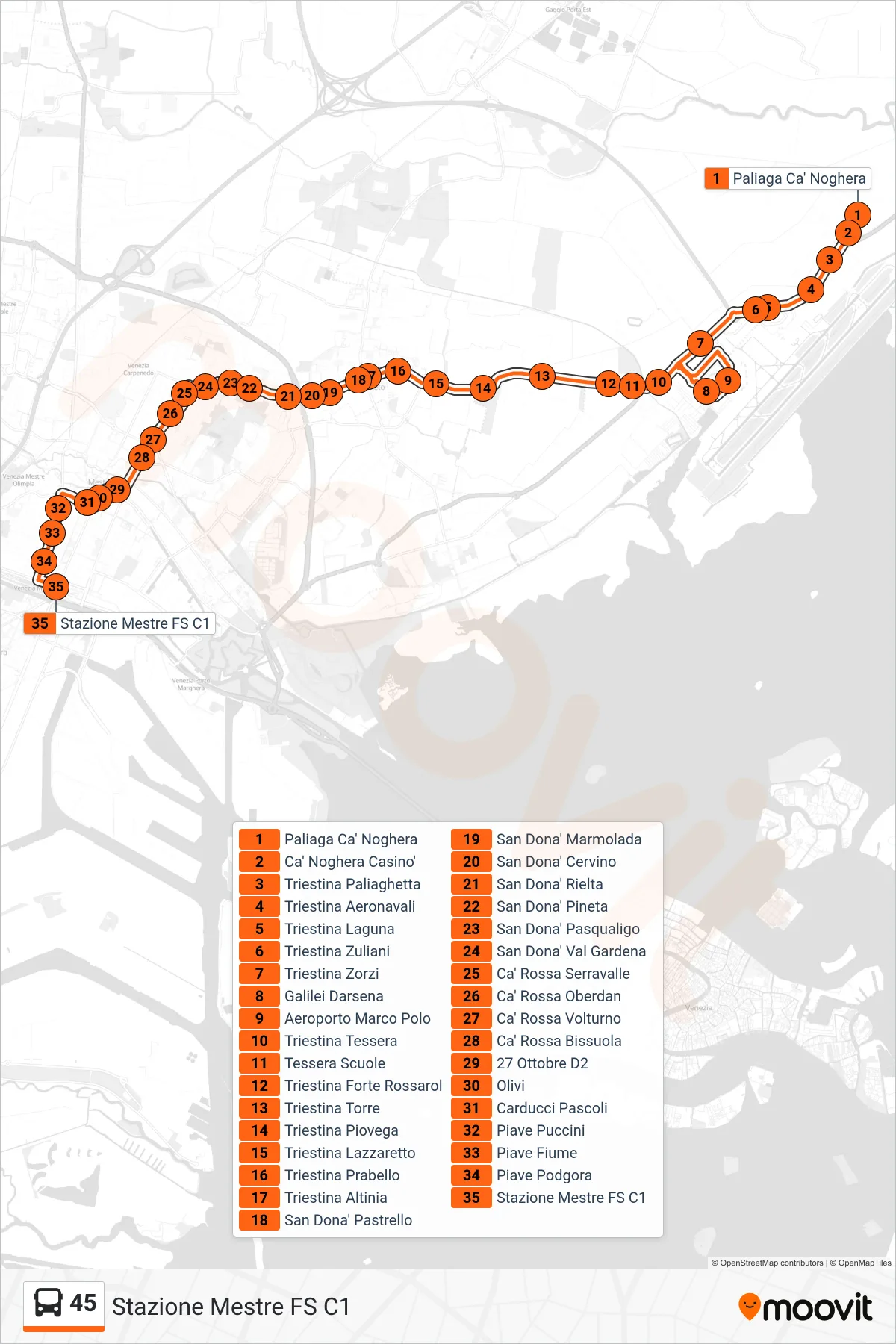 Linea 45 bus (Stazione Mestre FS C1) - Percorsi e fermate sulla mappa