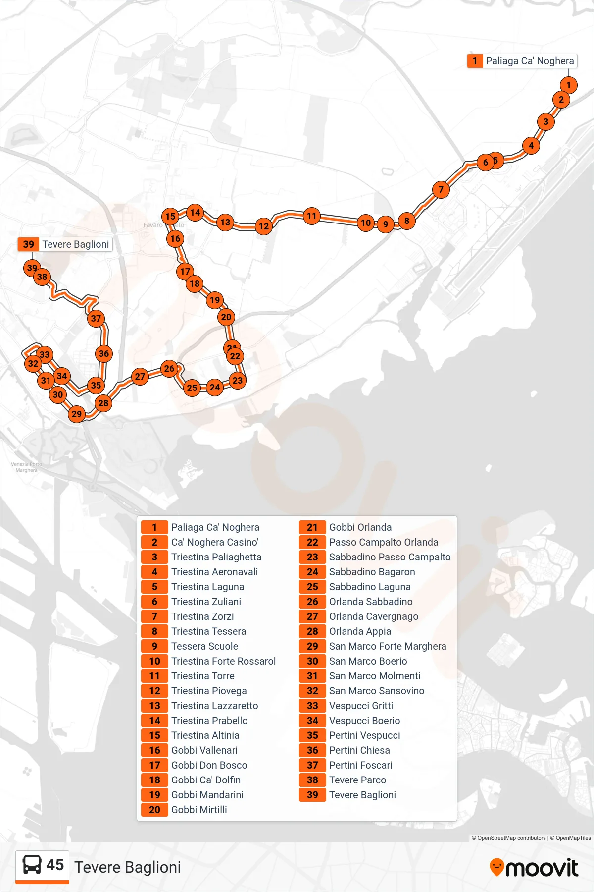 Linea 45 bus (Tevere Baglioni) - Percorsi e fermate sulla mappa