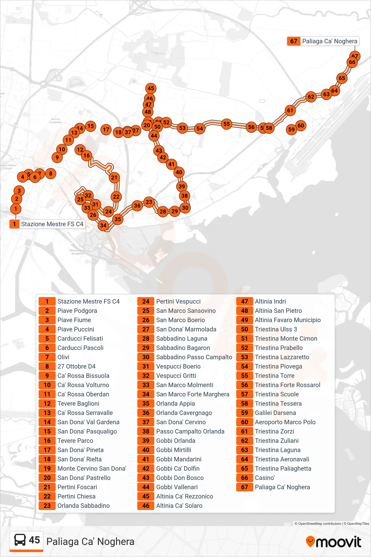 Linea 45  bus (Paliaga Ca' Noghera) - Percorsi e fermate sulla mappa